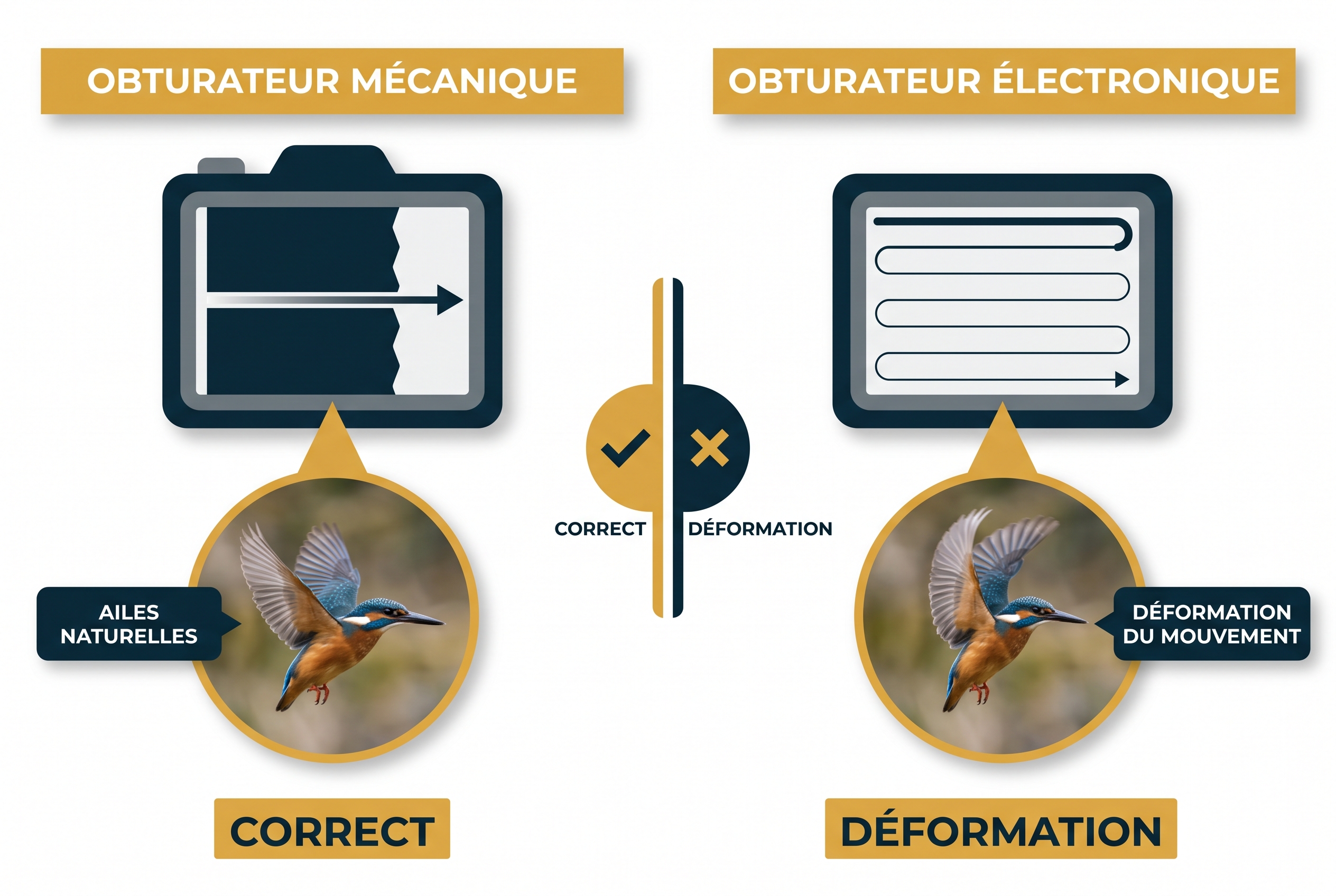 Schéma technique comparatif entre obturateur mécanique et électronique expliquant l'effet de rolling shutter sur les ailes d'un oiseau en vol pour le test du Nikon Z5 II C.
