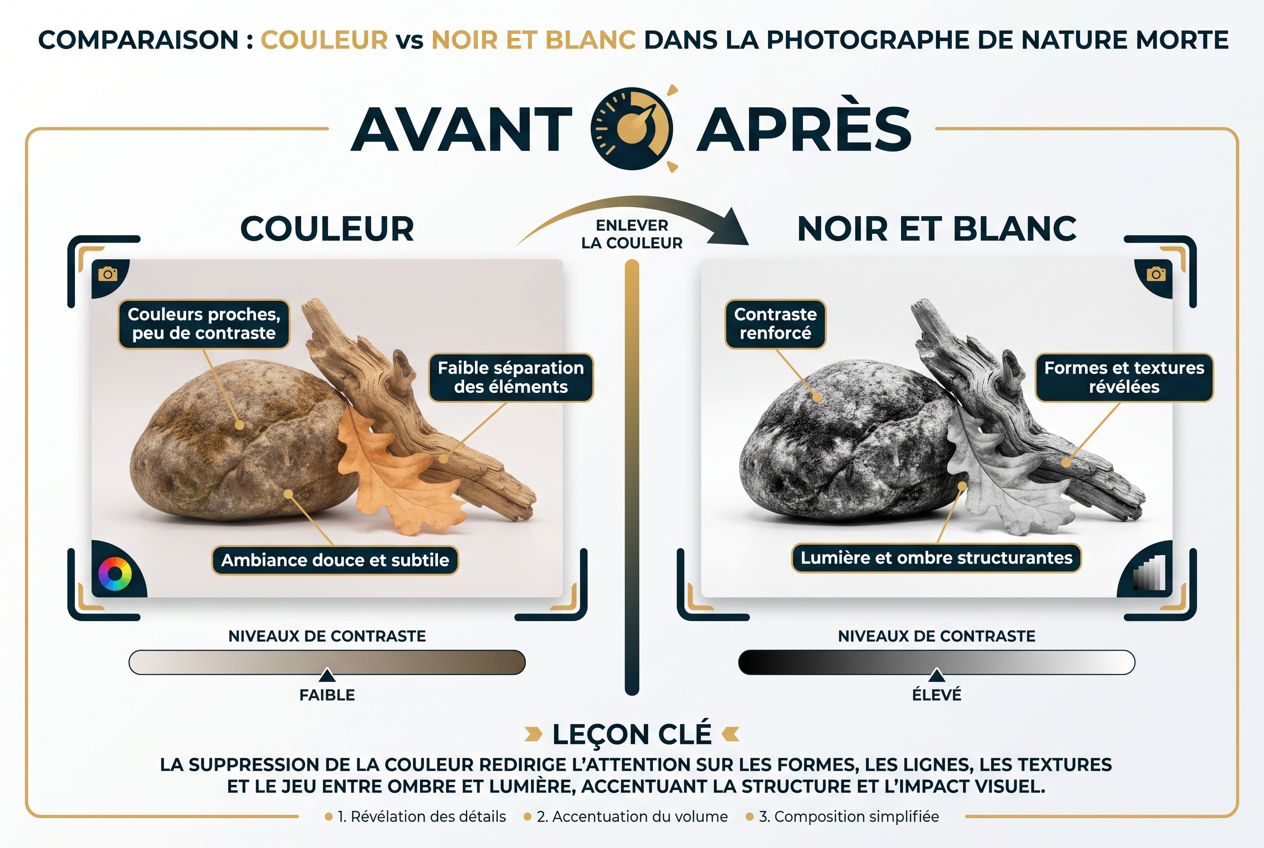 Illustration pédagogique comparant une photographie de nature morte en couleurs et sa version noir et blanc pour mettre en évidence les contrastes et les textures.