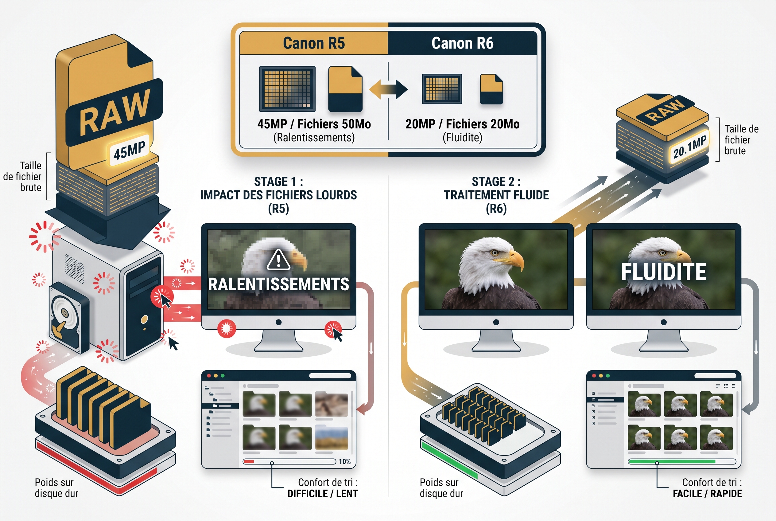 Infographie comparative entre le Canon R5 (45MP) et le Canon R6 (20MP) montrant l'impact du poids des fichiers RAW sur la fluidité du tri informatique en photographie animalière.