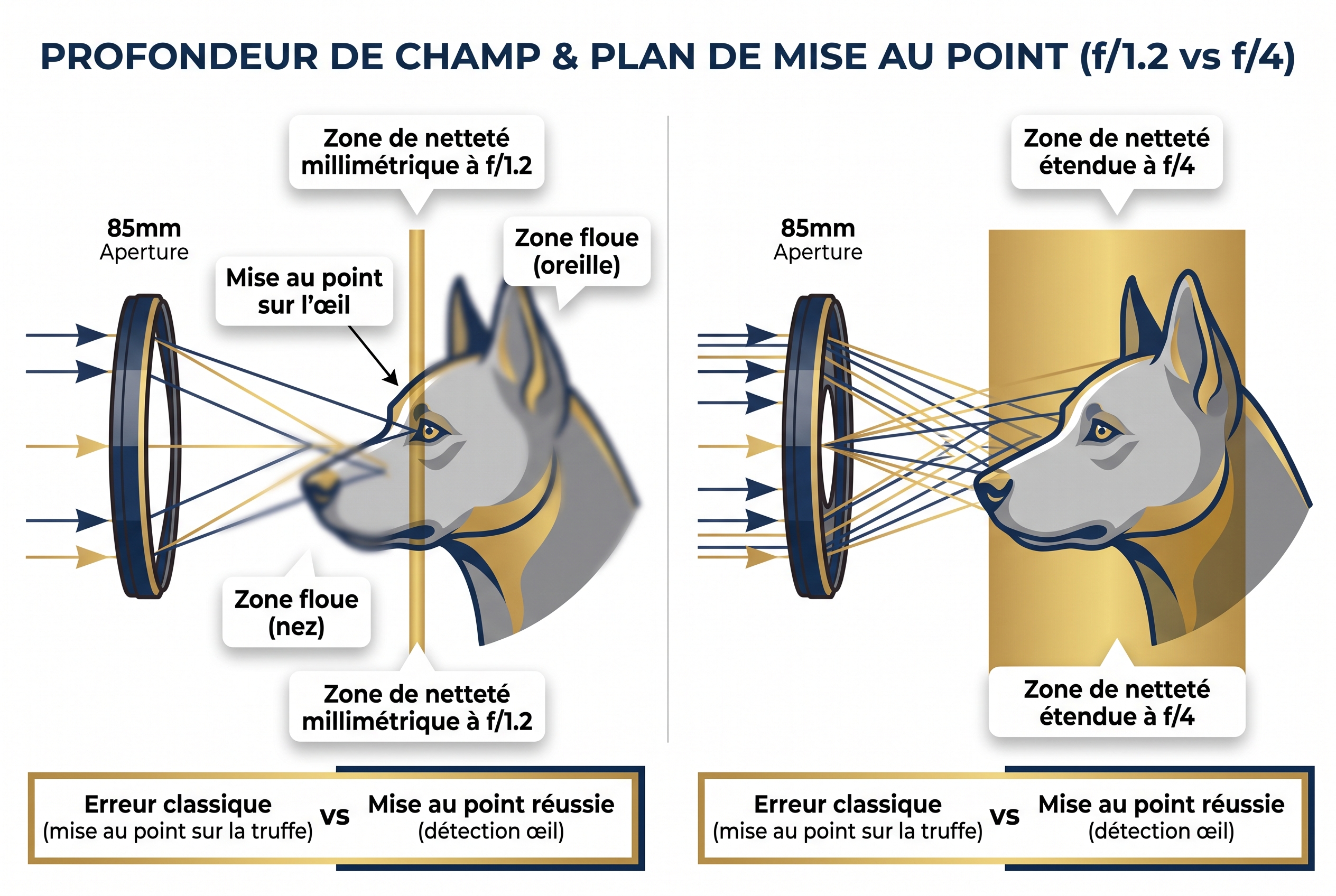 Schéma technique illustrant la zone de netteté millimétrique à f/1.2 comparée à f/4 avec l'objectif Sigma 85mm DG Art, montrant la mise au point sur l'œil d'un chien.