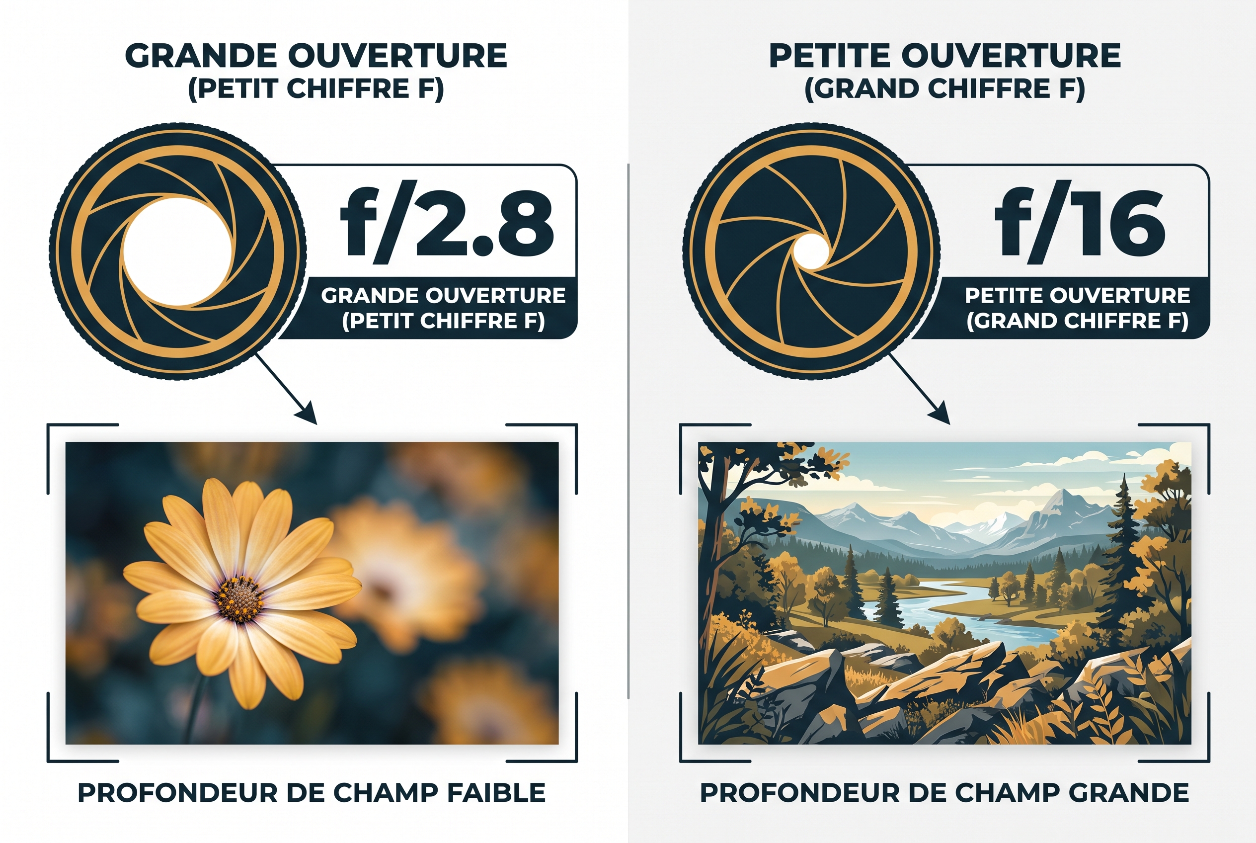 Schéma pédagogique comparant l'impact de l'ouverture du diaphragme sur la profondeur de champ : flou d'arrière-plan à f/2.8 vs netteté totale à f/16 en mode priorité ouverture.