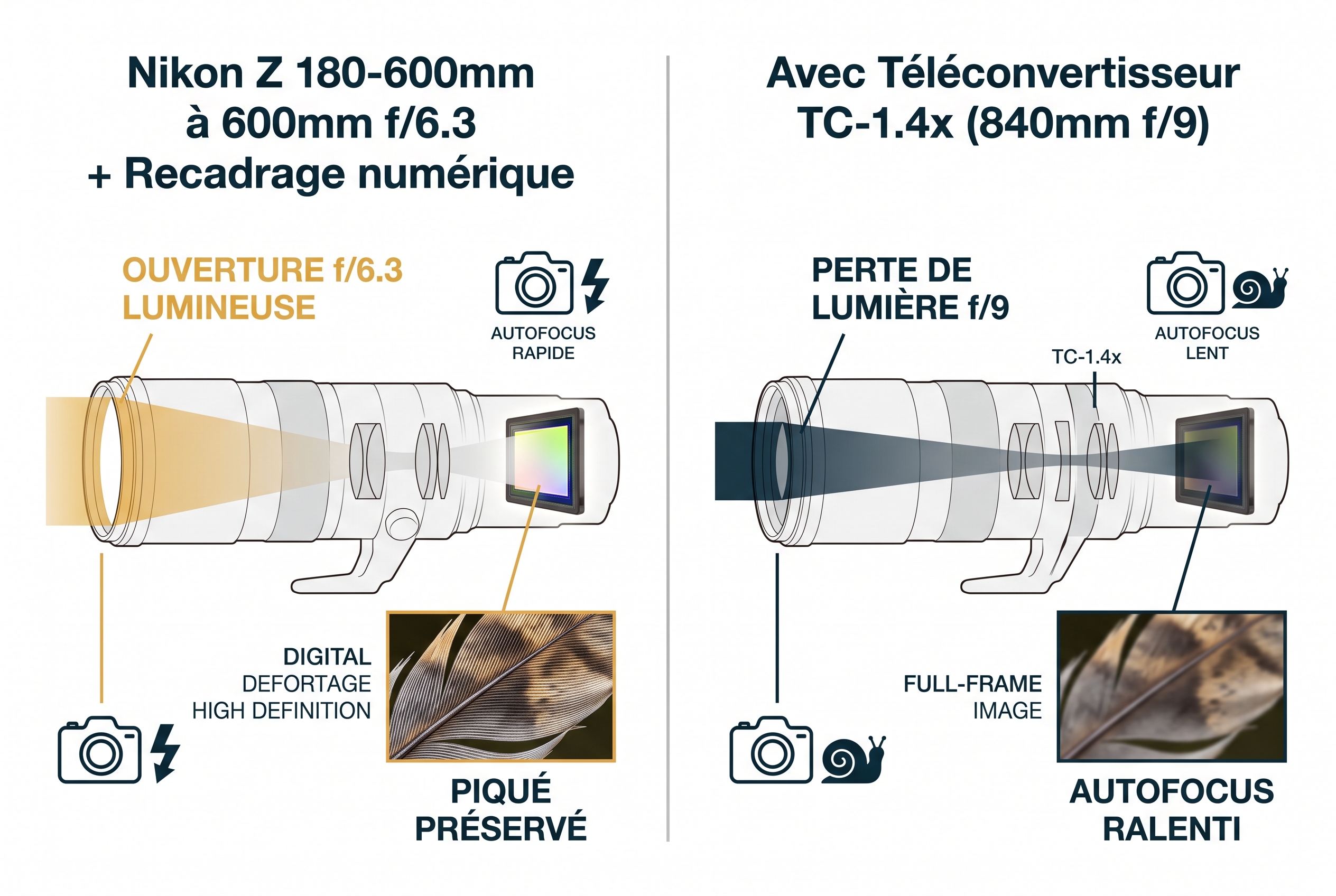 Infographie comparative montrant les avantages du recadrage à 600mm f/6.3 face à l'utilisation d'un téléconvertisseur TC-1.4x sur le Nikon Z 180-600mm : piqué préservé et autofocus plus rapide.
