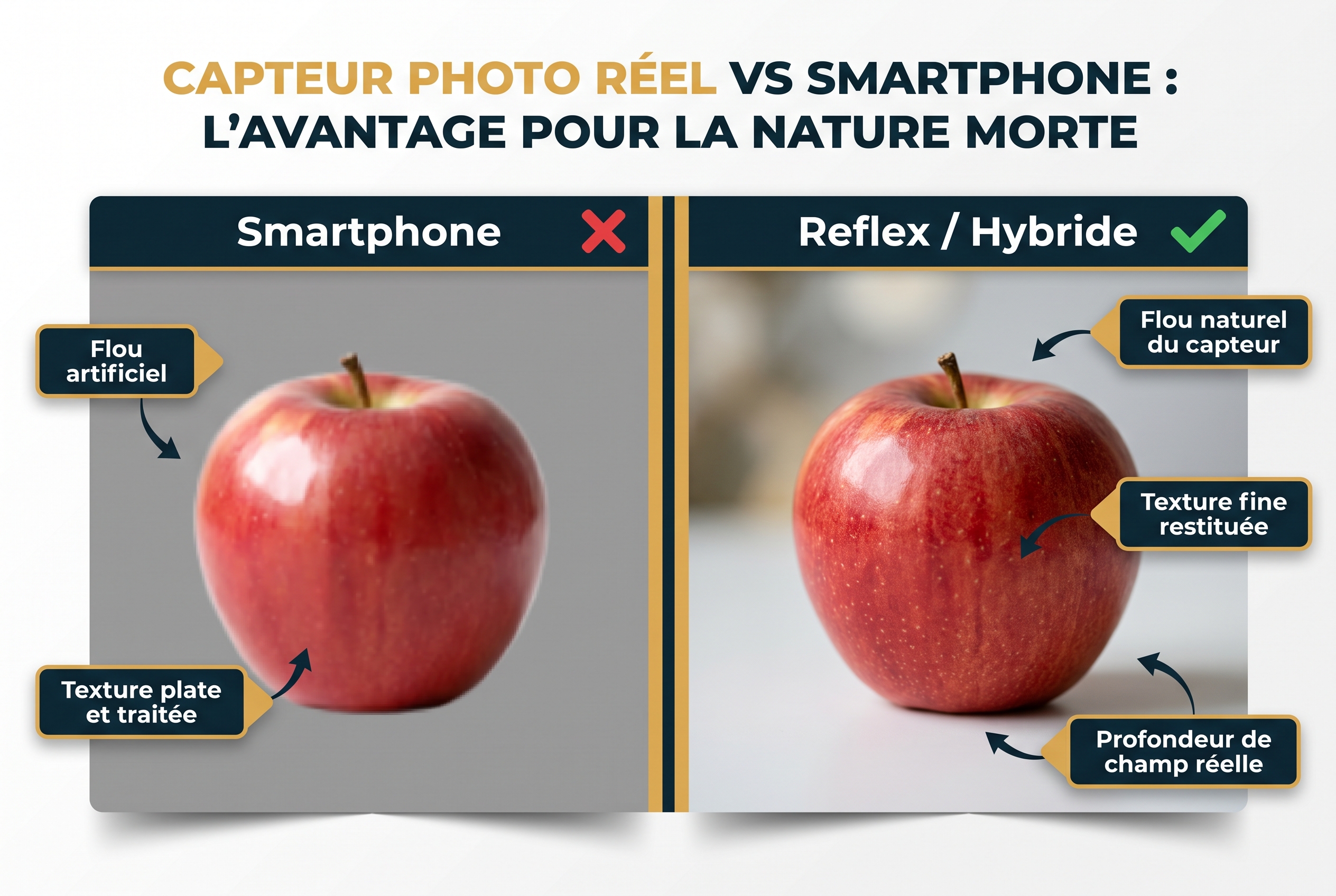 Comparaison visuelle entre un smartphone et un appareil reflex montrant la différence de texture et de flou d'arrière-plan sur une pomme en nature morte.