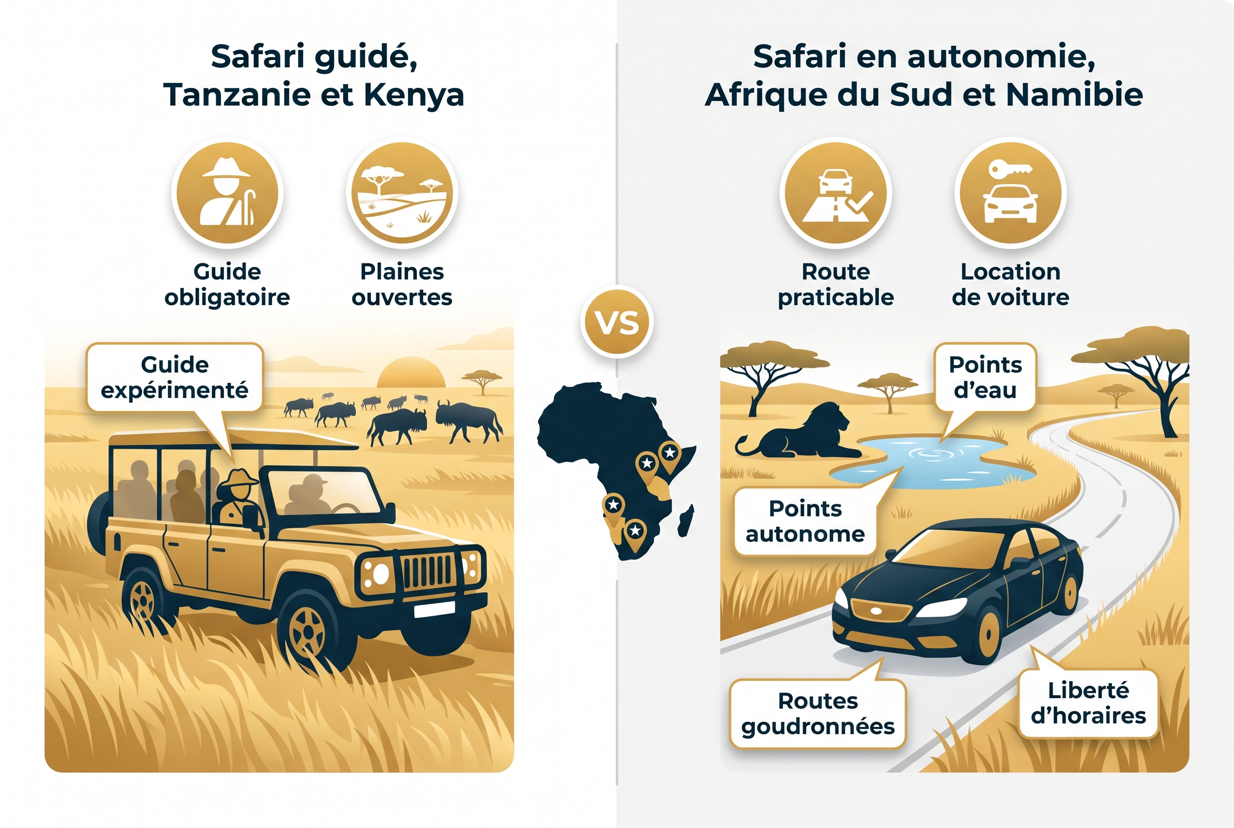 Réussir son safari photo : le bon matériel et les erreurs à éviter 14 Infographie comparative pour un safari photo réussi : à gauche le safari guidé en 4x4 en Tanzanie et au Kenya, à droite le safari en autonomie en voiture de location en Afrique du Sud et Namibie.