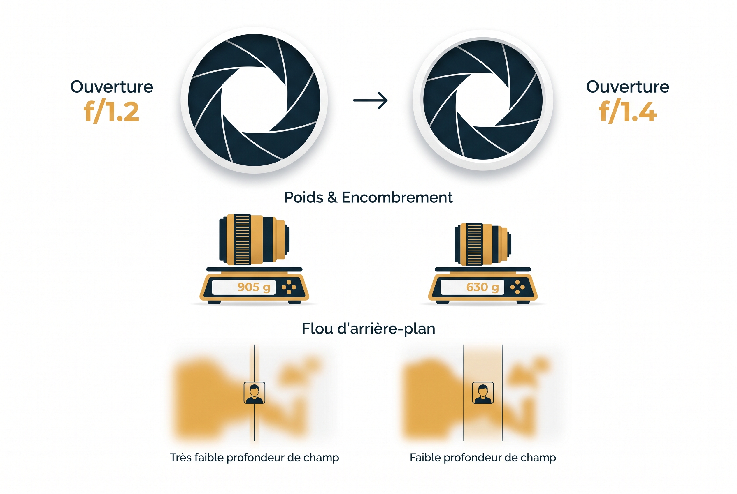 Infographie comparative entre l'ouverture f/1.2 et f/1.4 montrant la différence de diamètre de diaphragme, le poids (905g vs 630g) et le rendu du flou pour l'objectif Sigma 85mm f/1.2 DG Art.