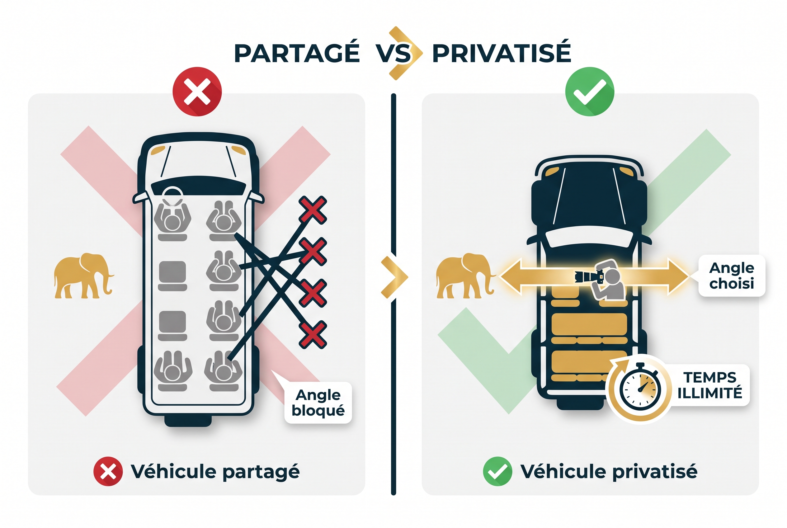 Réussir son safari photo : le bon matériel et les erreurs à éviter 30 Illustration comparative entre un minibus de safari partagé aux angles de vue bloqués et un véhicule privé optimisé pour le safari photo avec une vue dégagée sur les animaux.