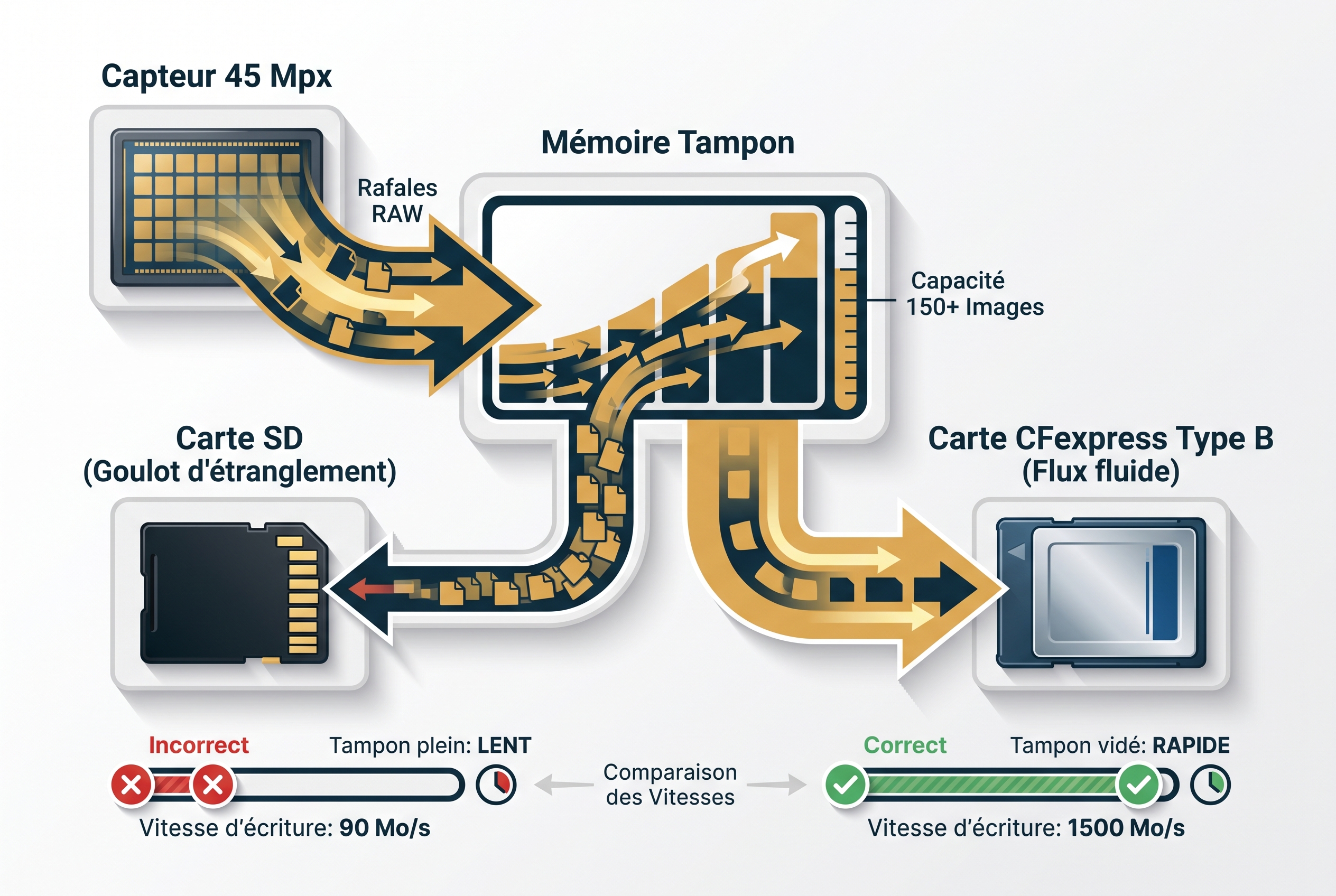Infographie pédagogique comparant le goulot d'étranglement d'une carte SD (90 Mo/s) face à la rapidité d'une carte CFexpress Type B (1500 Mo/s) pour le tampon du Canon EOS R5 Mark II en photo animalière.