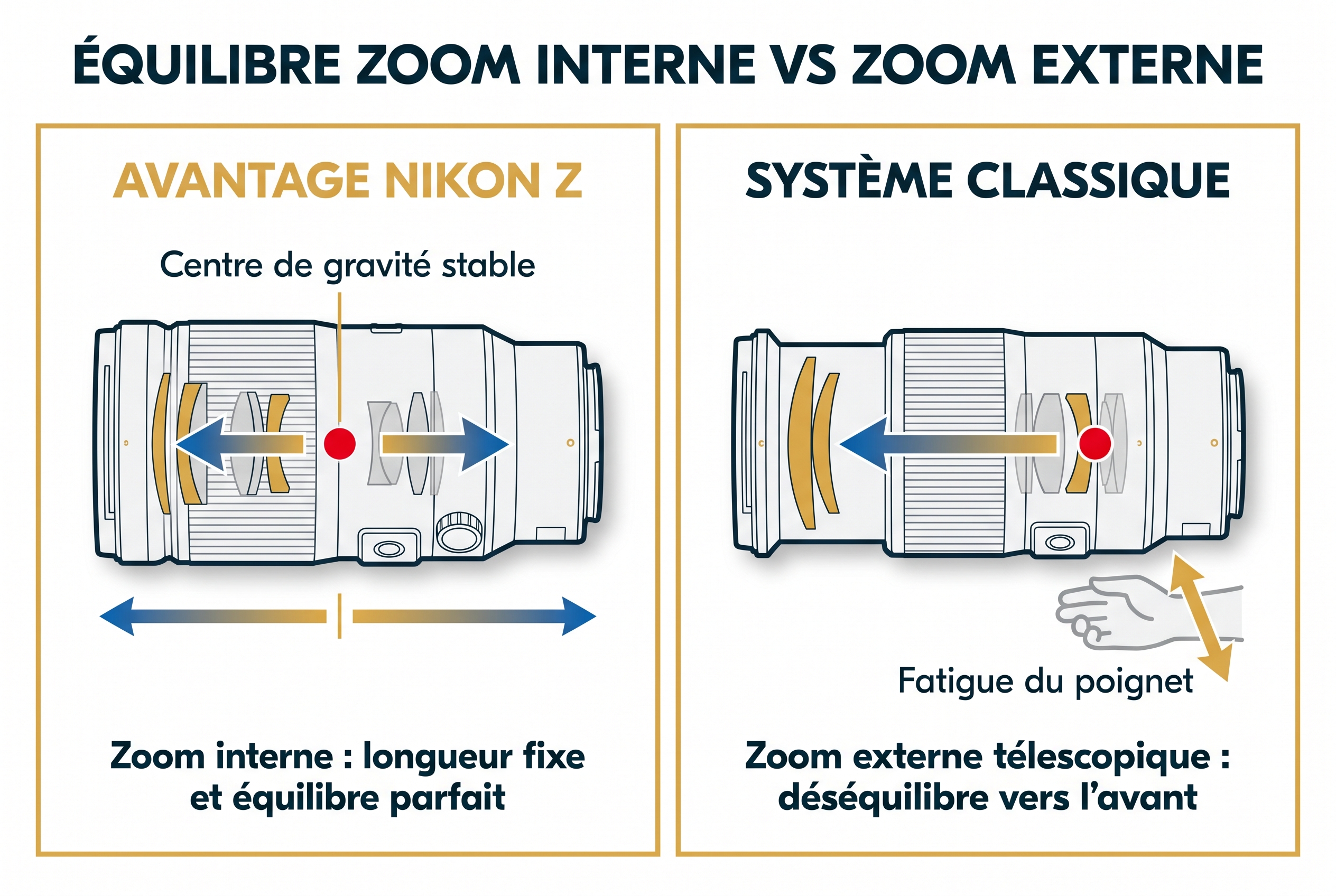 Illustration technique comparant le zoom interne du Nikon Z 180-600mm (équilibre stable) face à un zoom télescopique classique (déséquilibre vers l'avant).