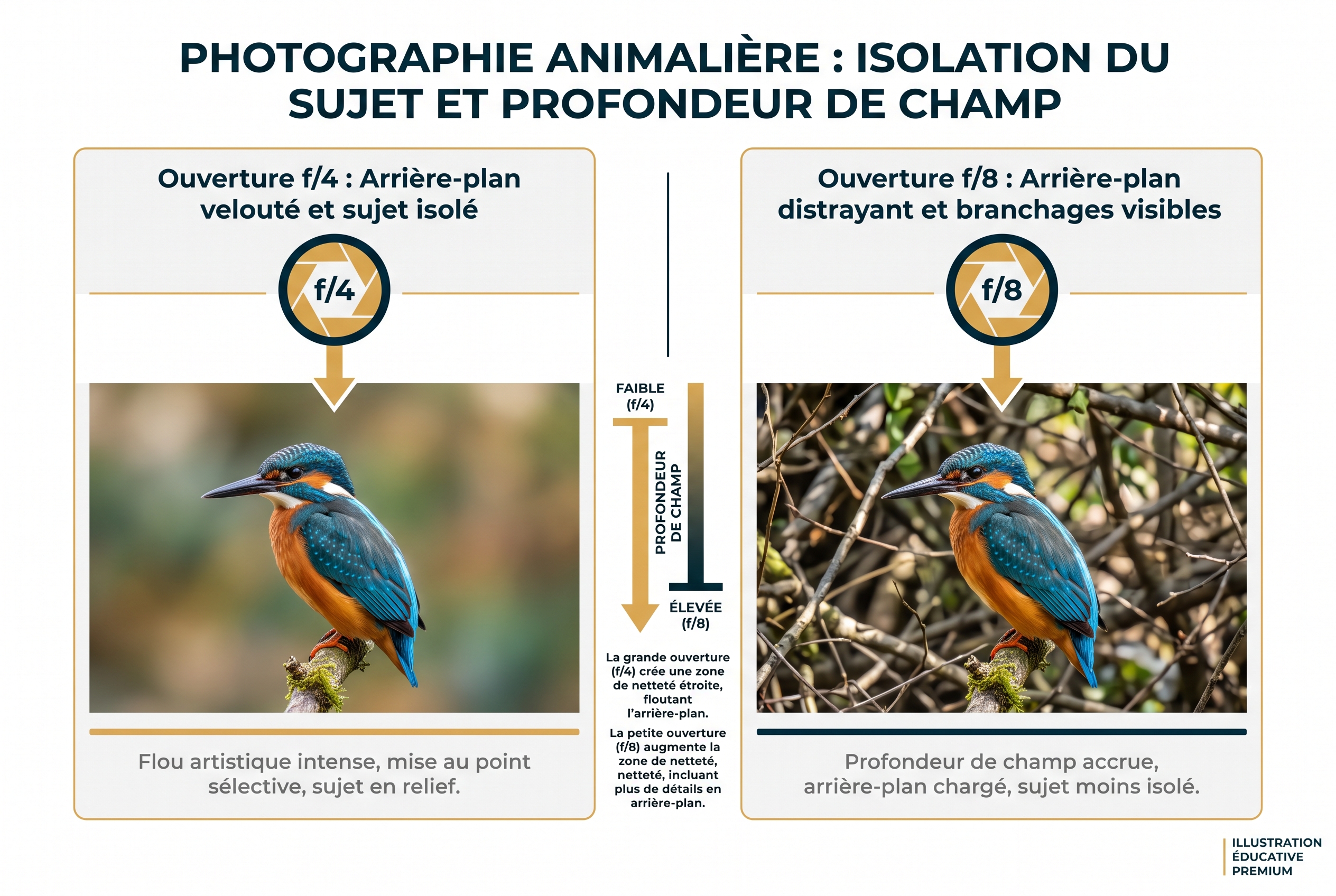 Illustration comparative montrant la différence d'isolation du sujet et de qualité de bokeh entre une ouverture f/4 et f/8 avec le Nikon Z 600mm f/4.