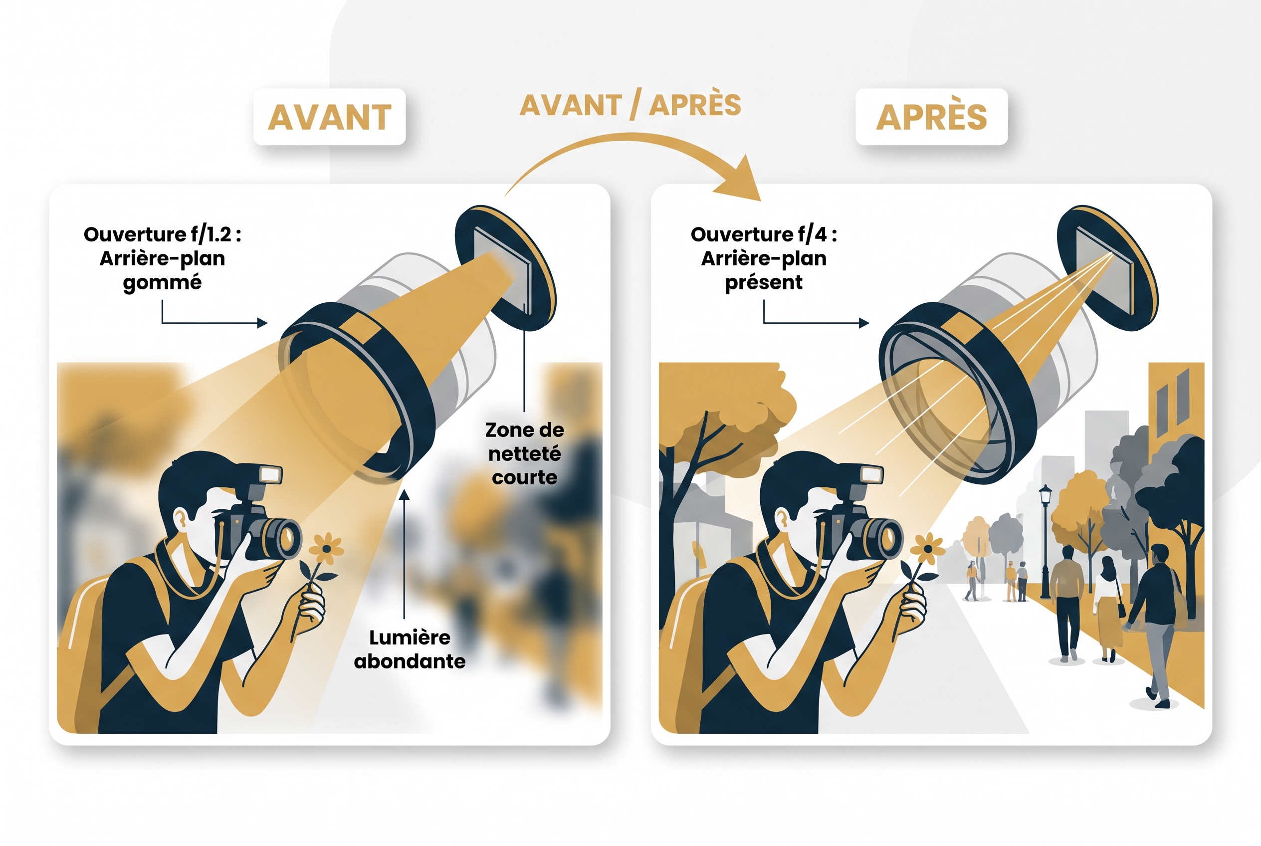 Schéma pédagogique comparant la profondeur de champ et le flou d'arrière-plan à f/1.2 et f/4 pour le test du Sigma 85mm f/1.2 DG Art.