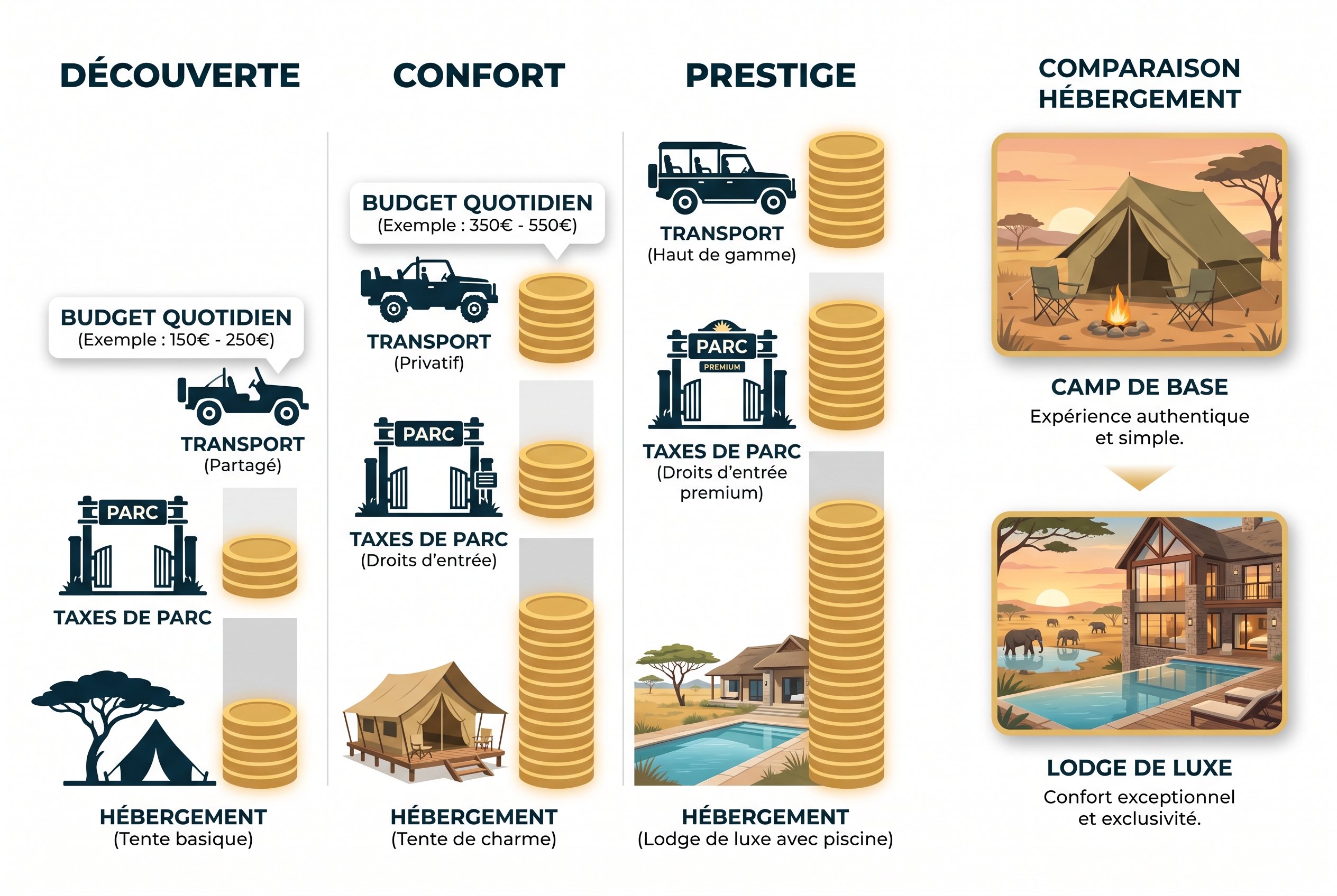 Réussir son safari photo : le bon matériel et les erreurs à éviter 28 Infographie comparative des coûts d'un safari photo : répartition du budget entre hébergement, taxes de parc et logistique pour les gammes Découverte, Confort et Prestige.