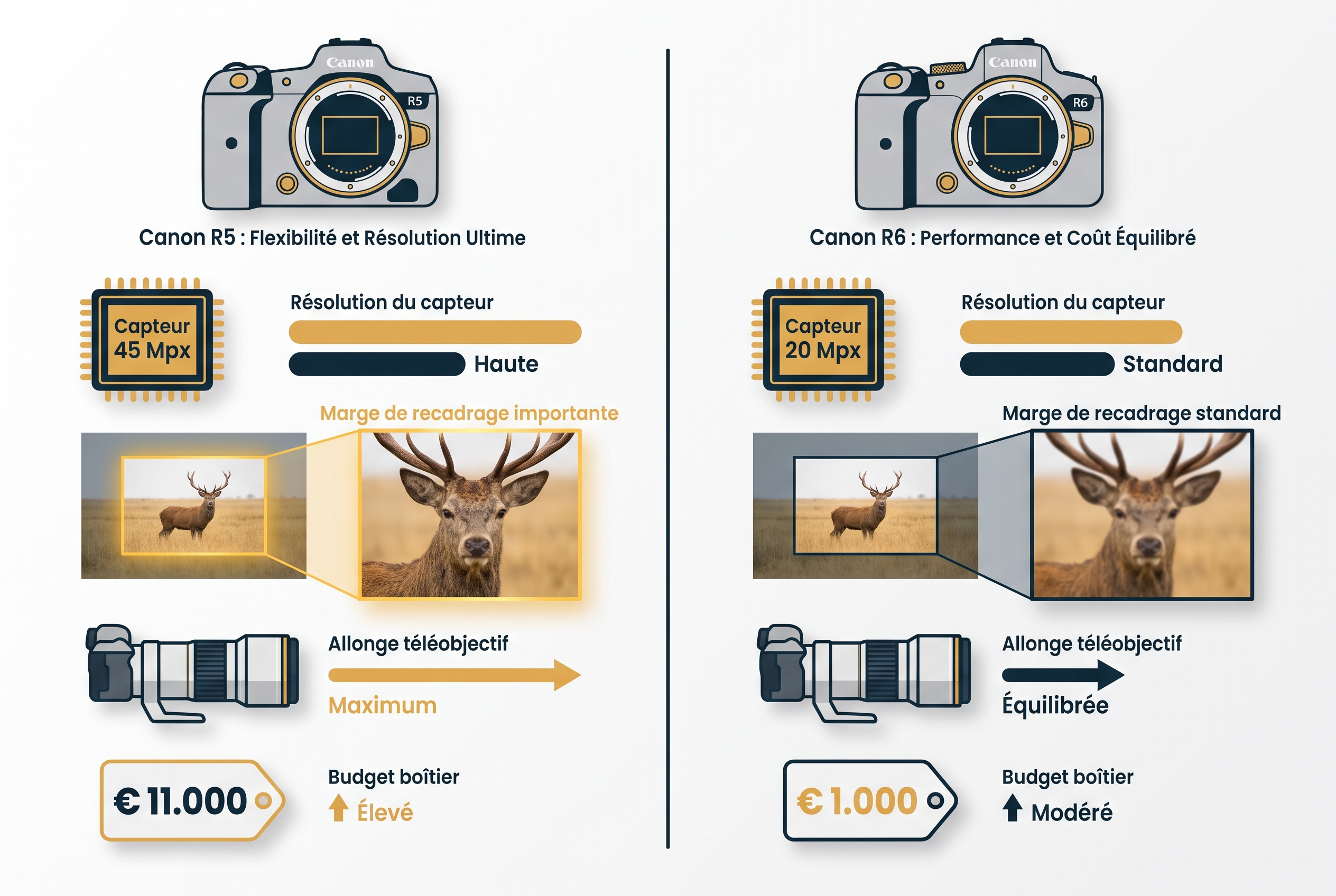Test Canon R5 : vaut-il toujours le coup en 2026 ? 23 Infographie comparative entre le Canon R5 et le R6 illustrant la différence de résolution 45 Mpx contre 20 Mpx et la capacité de recadrage sur un cerf pour la photo de nature.