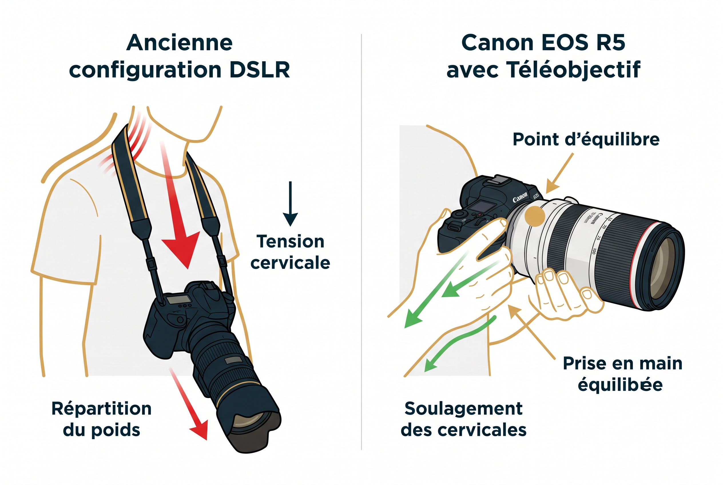 Test Canon R5 : vaut-il toujours le coup en 2026 ? 15 Illustration comparative montrant la meilleure répartition du poids et le soulagement des cervicales du Canon R5 par rapport à un reflex lourd.