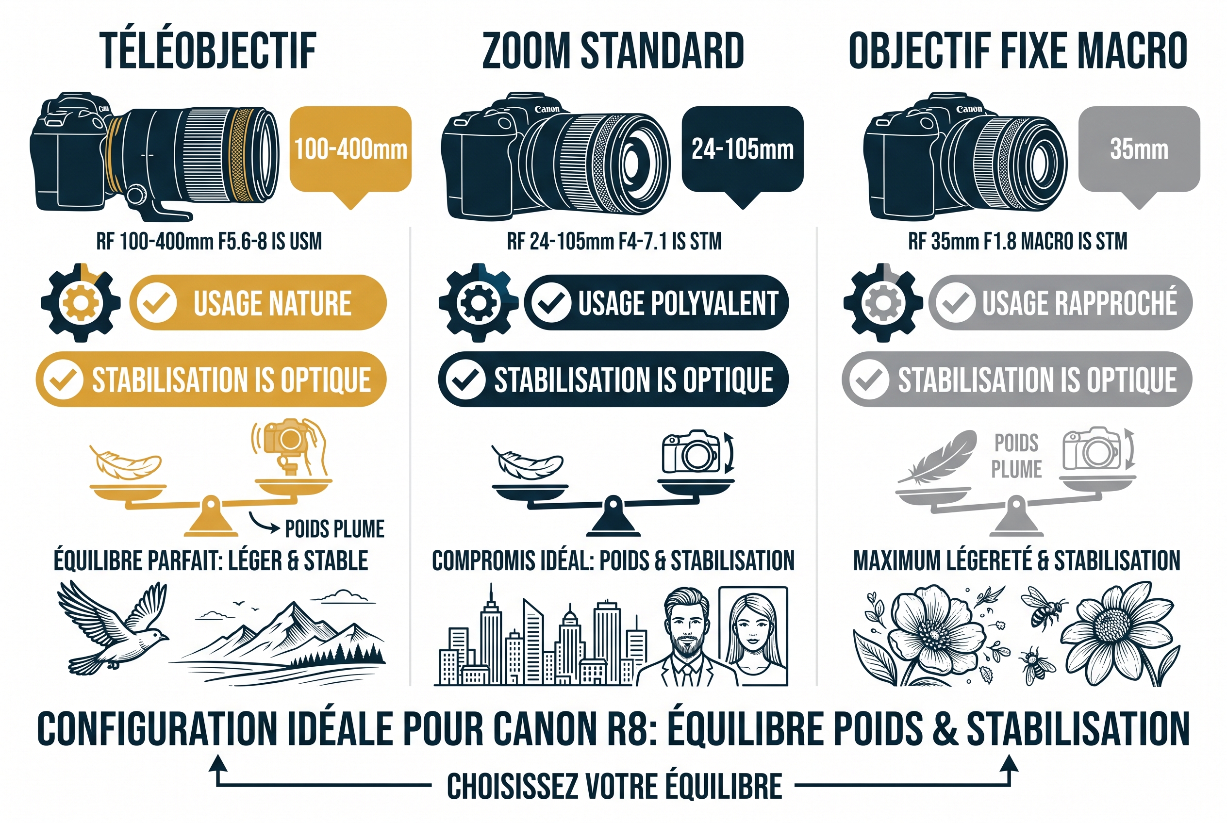 Test Canon R8 : le meilleur hybride entrée de gamme 25 Illustration pédagogique comparant trois objectifs pour le Canon R8 : RF 100-400mm, 24-105mm et 35mm avec mentions Poids Plume et Stabilisation Optique.