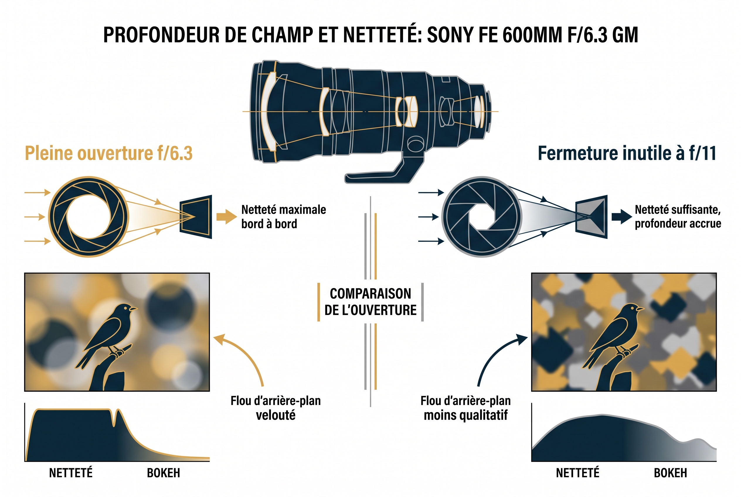 Schéma technique expliquant le piqué et le flou d'arrière-plan du Sony FE 600mm f/6.3 à pleine ouverture.