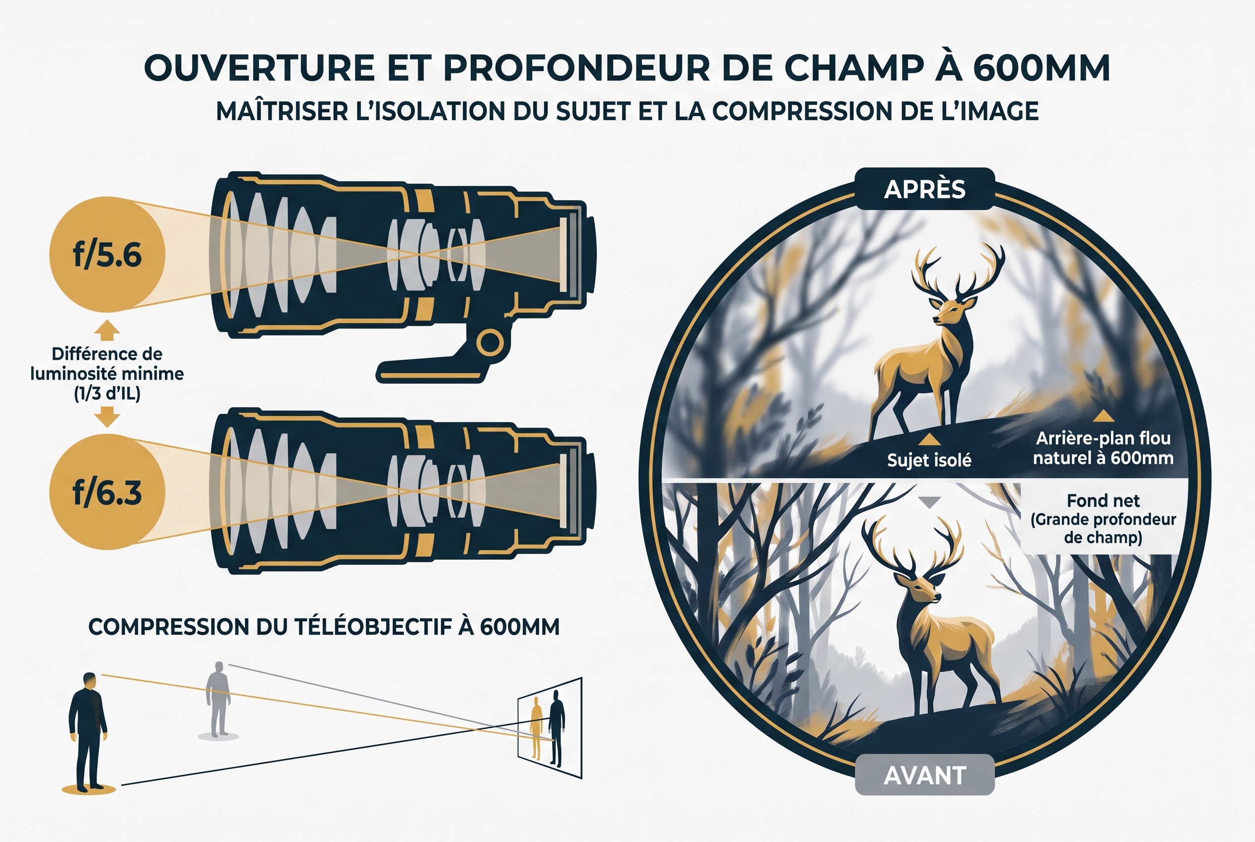 Infographie pédagogique du test Nikon Z 180-600mm expliquant la différence entre f/5.6 et f/6.3 et le flou d'arrière-plan à 600mm.