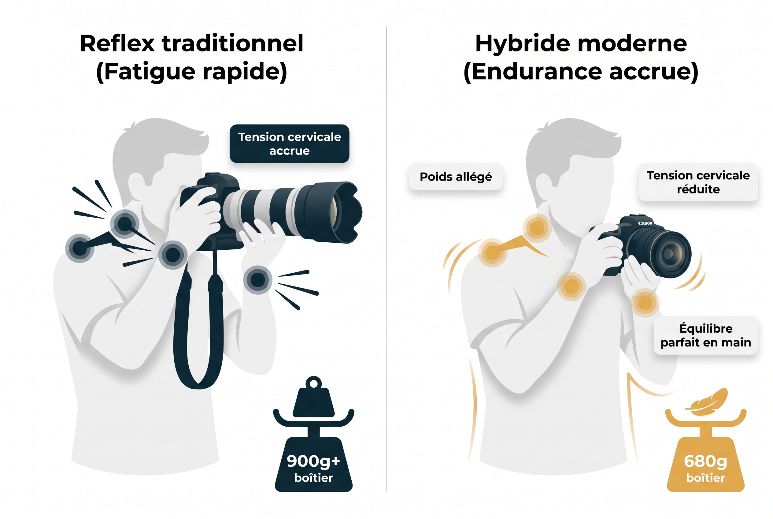 Schéma pédagogique comparant le poids et l'ergonomie du Canon R6 (680g) face à un reflex traditionnel pour réduire la fatigue du photographe.