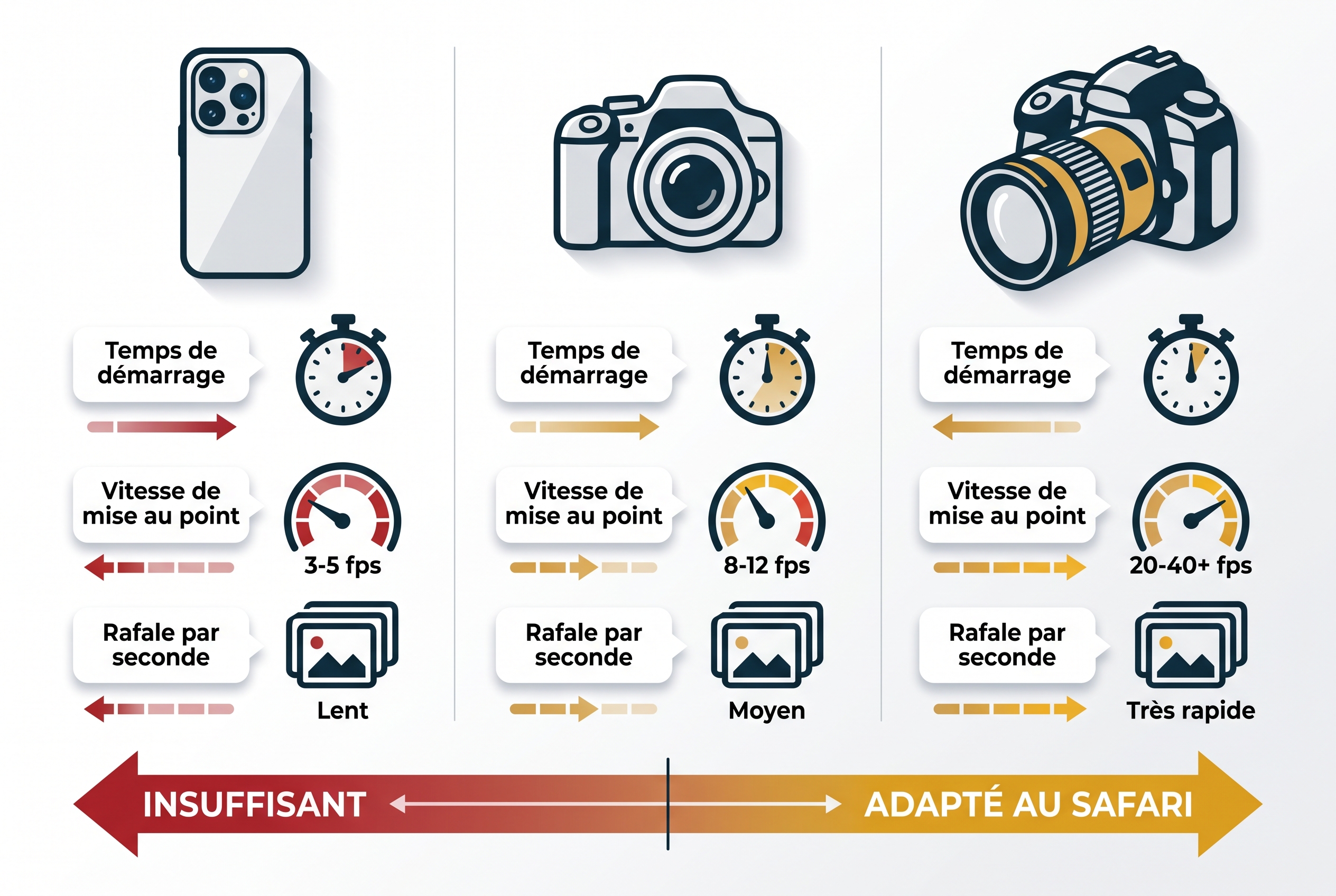 Réussir son safari photo : le bon matériel et les erreurs à éviter 17 Infographie comparative des performances techniques entre smartphone, bridge et reflex pour le safari photo : temps de démarrage, autofocus et rafale.