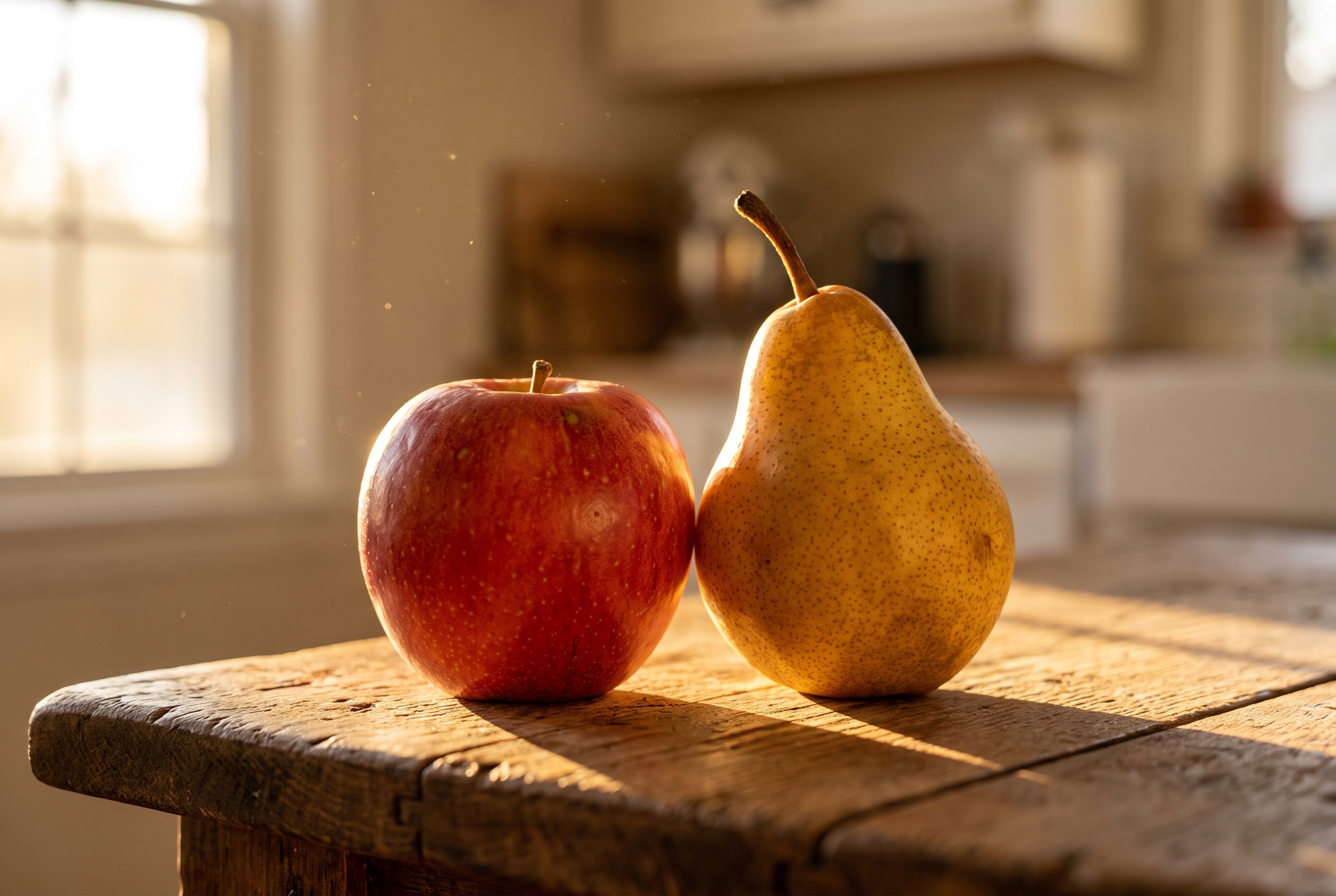 Une pomme rouge et une poire dorée sur une table en bois rustique, illustrant une technique de photographie de nature morte avec éclairage latéral par une fenêtre.
