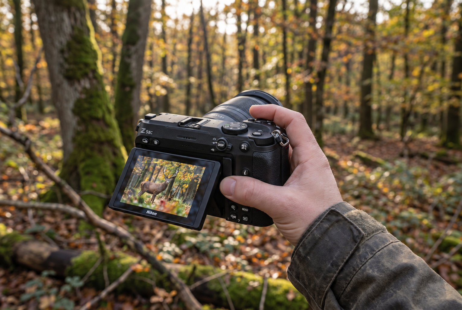 Test du Nikon Z5 II C : photographe de nature utilisant l'écran inclinable de 3,2 pouces en forêt pour visionner une photo animalière lors de la golden hour.