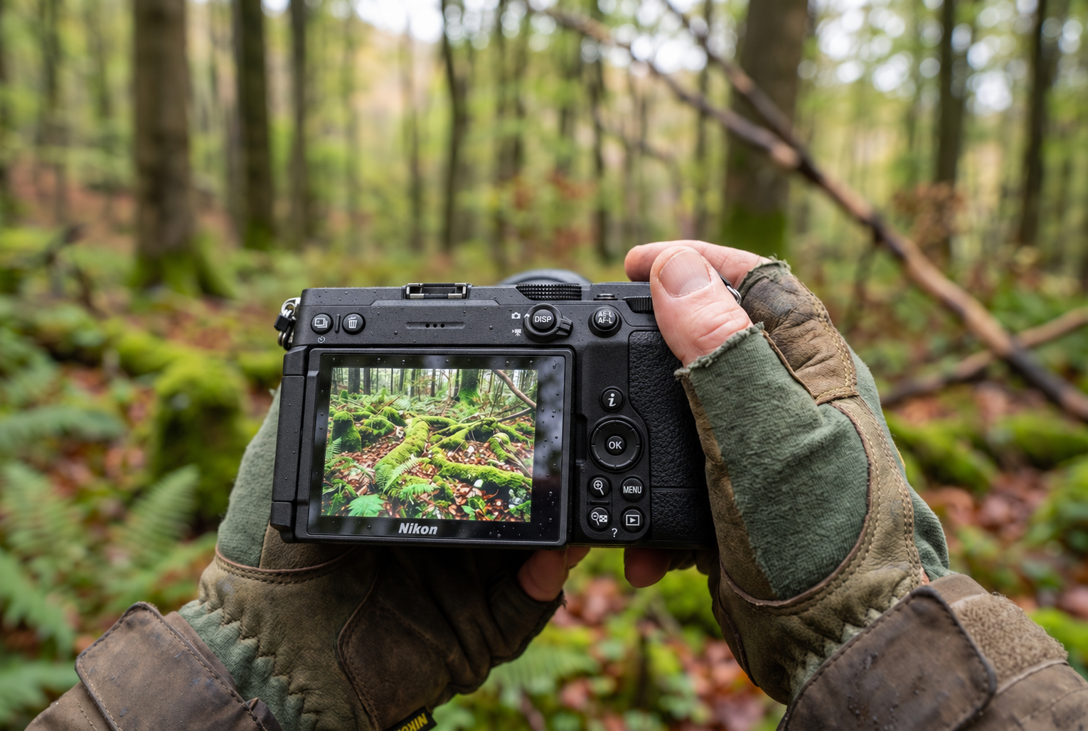 Test Nikon Z5 II C : boîtier hybride compact tenu en main en forêt avec l'écran incliné pour la photographie de nature.