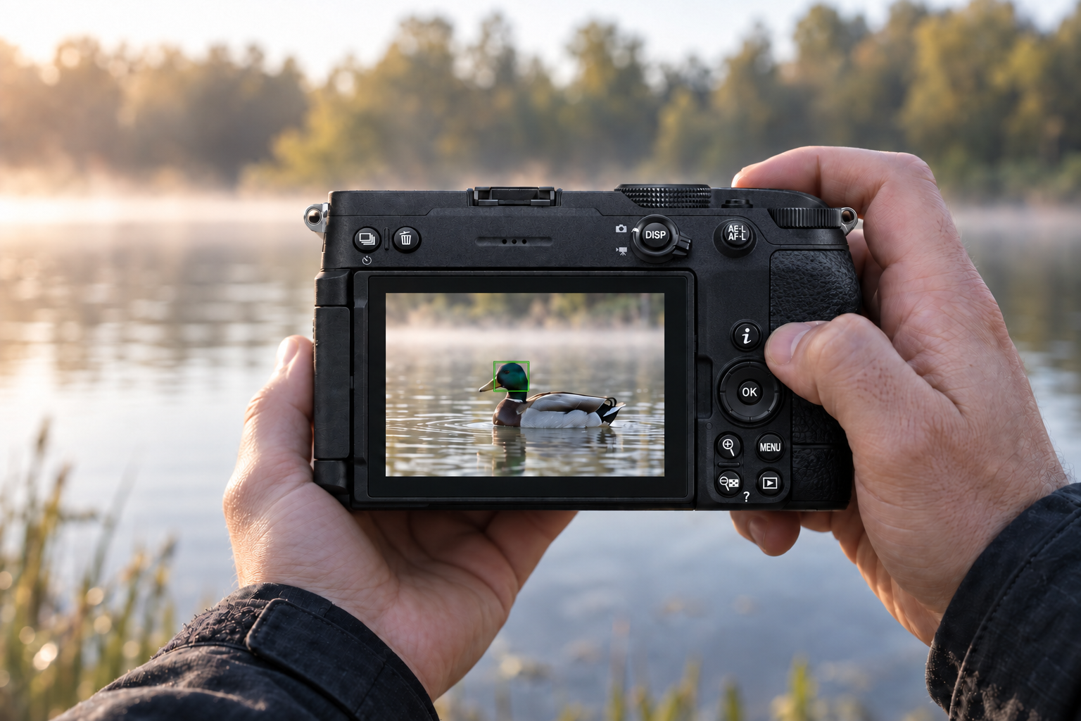 Gros plan sur les mains d'un photographe tenant le Nikon Z5 II C avec un objectif 70-180mm f/2.8, montrant le suivi AF de l'œil d'un canard sur l'écran LCD incliné.