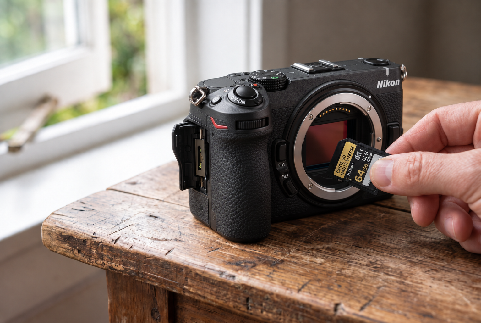 Gros plan sur l'insertion d'une carte mémoire SD dans le boîtier hybride Nikon Z5 II C lors de notre test.