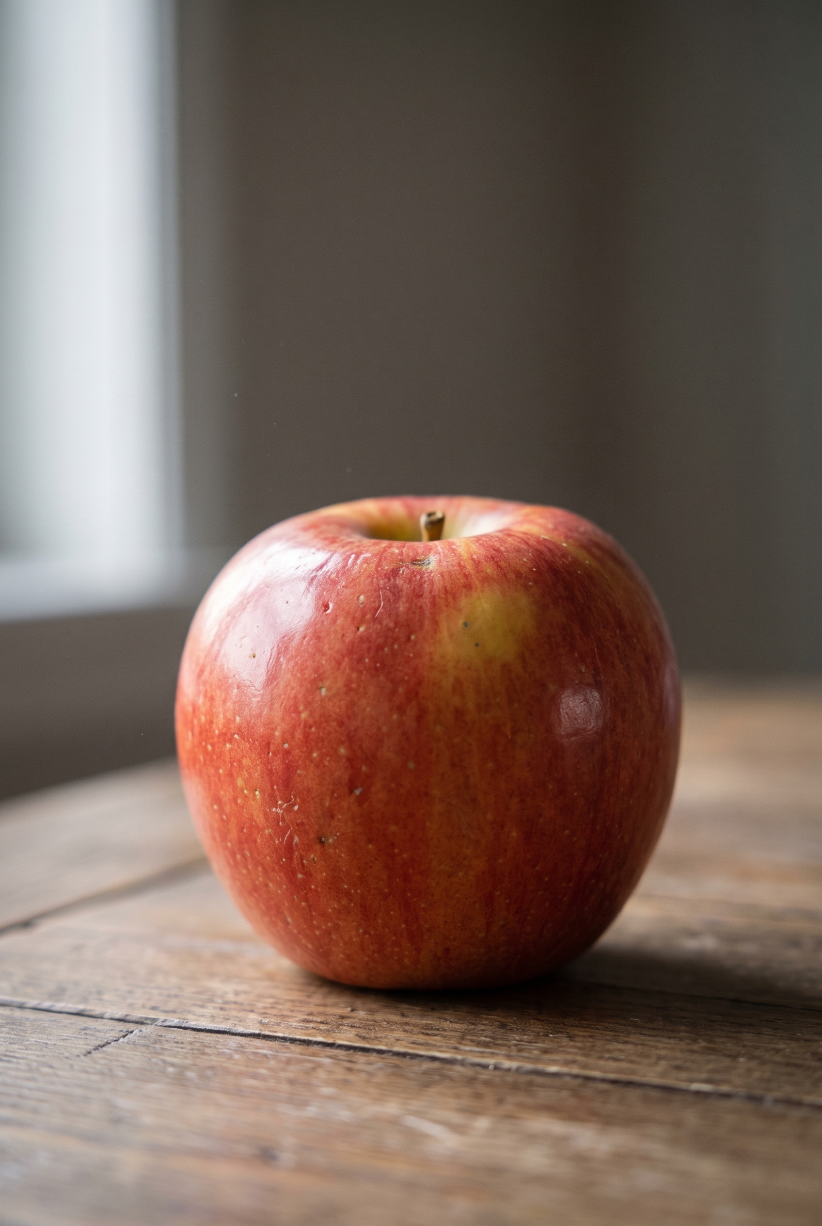 Une photographie de nature morte montrant une pomme mûre aux textures détaillées sur une table en bois, éclairée par la lumière d'une fenêtre.
