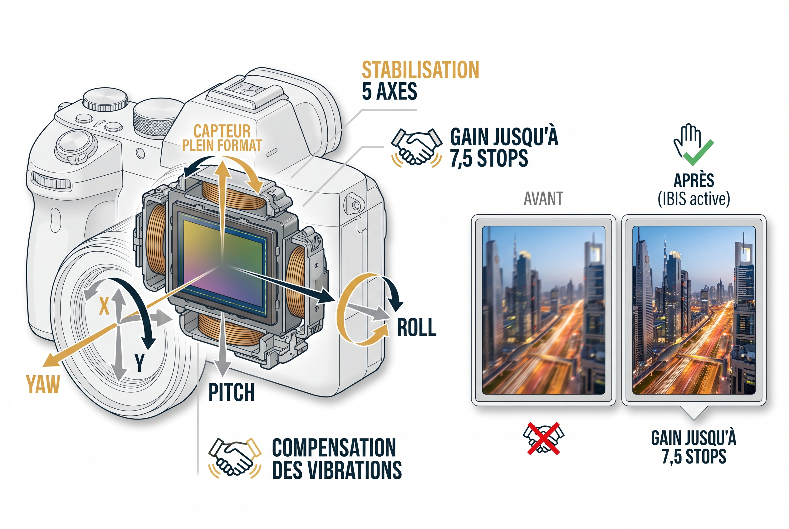 Schéma technique montrant la stabilisation 5 axes du capteur plein format du Canon R8 Mark II et la compensation des vibrations.