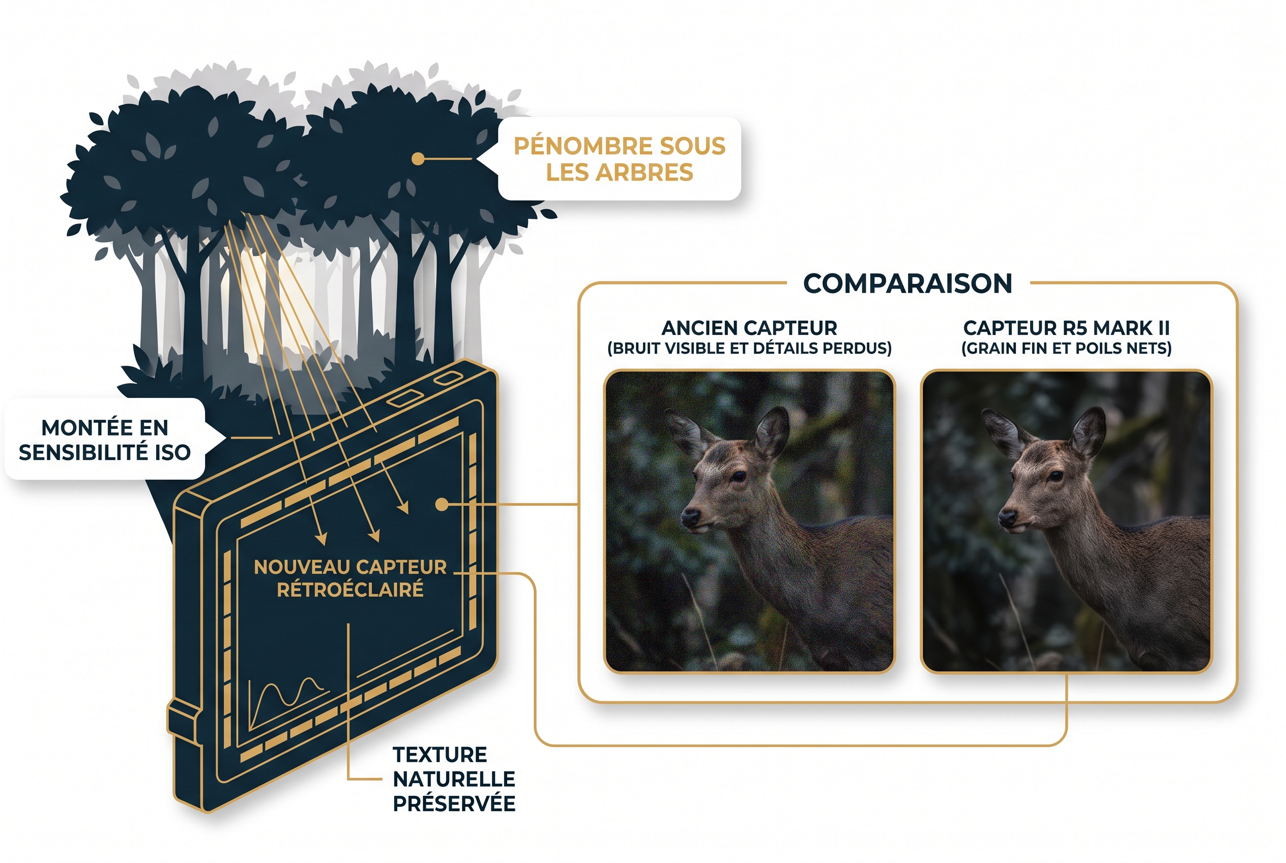 Illustration comparative de la gestion du bruit ISO en forêt entre le Canon R5 Mark II et un ancien capteur pour la photo animalière.
