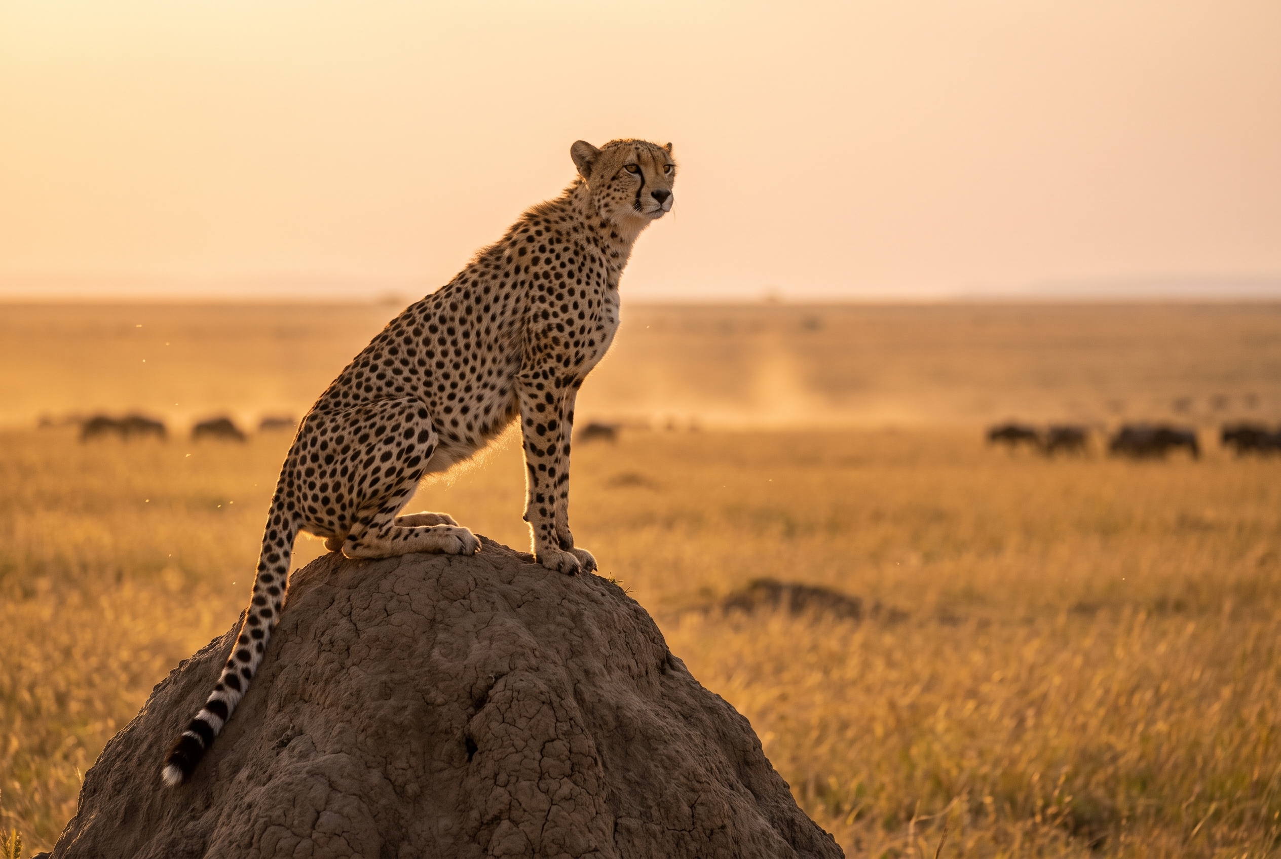 Réussir son safari photo : le bon matériel et les erreurs à éviter 13 Guépard sauvage perché sur une termitière dans la savane du Masai Mara au Kenya lors d'un safari photo professionnel.