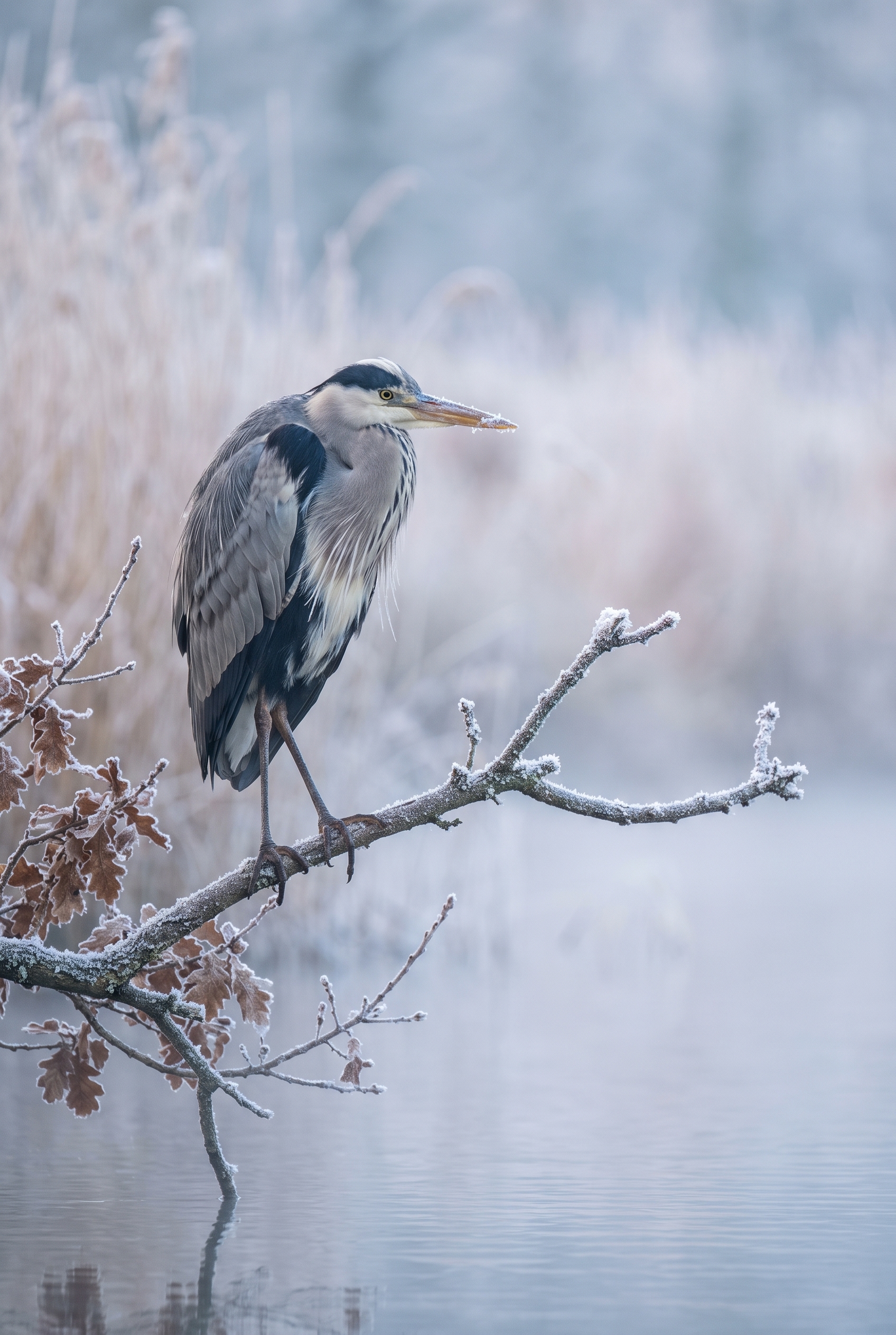 Photographie animalière d'un héron cendré sur une branche givrée, réalisée lors du test du Canon R8 Mark II.