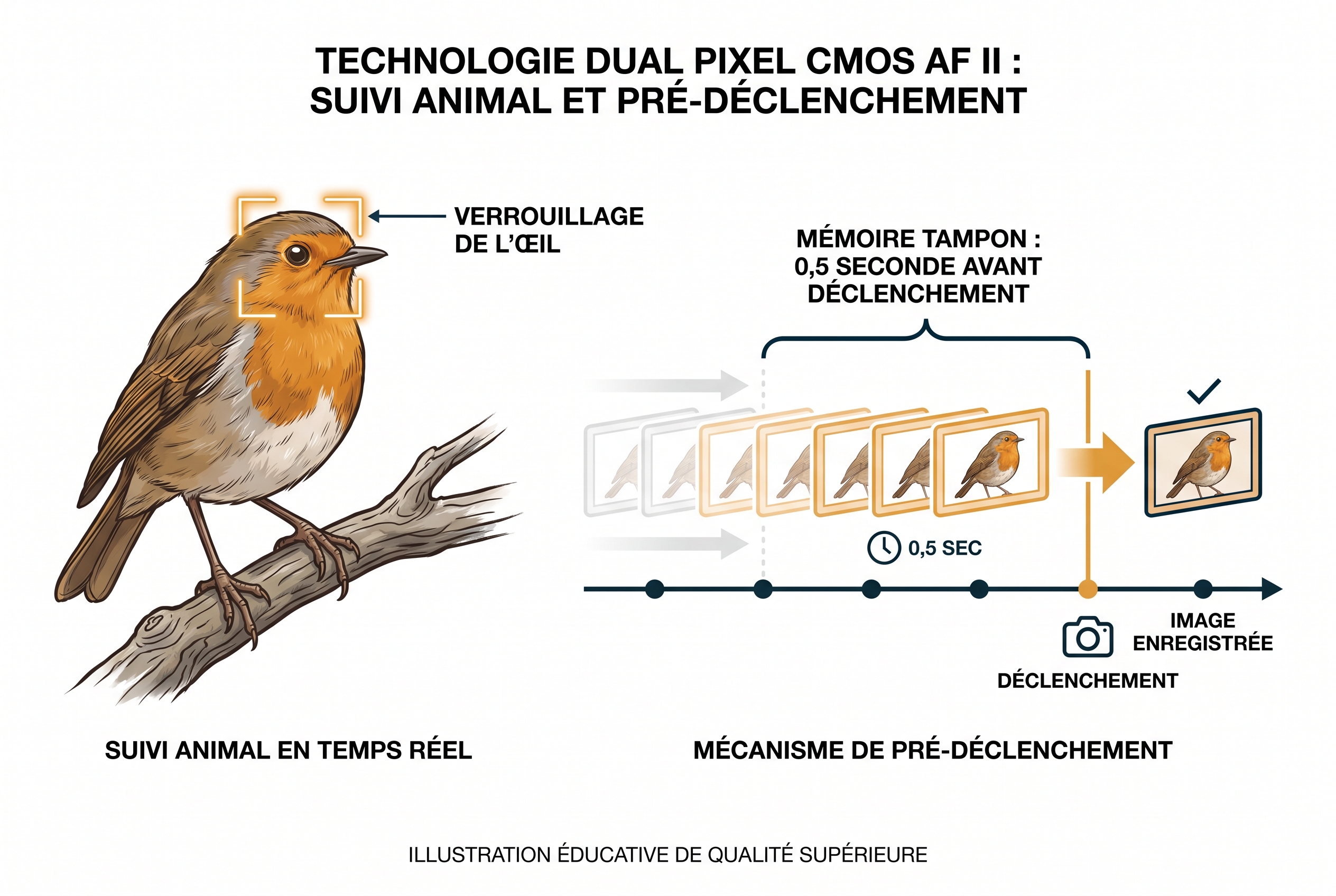 Schéma pédagogique du système d'autofocus Dual Pixel CMOS AF II et du mode pré-déclenchement 0,5s du Canon R8 Mark II sur un oiseau.
