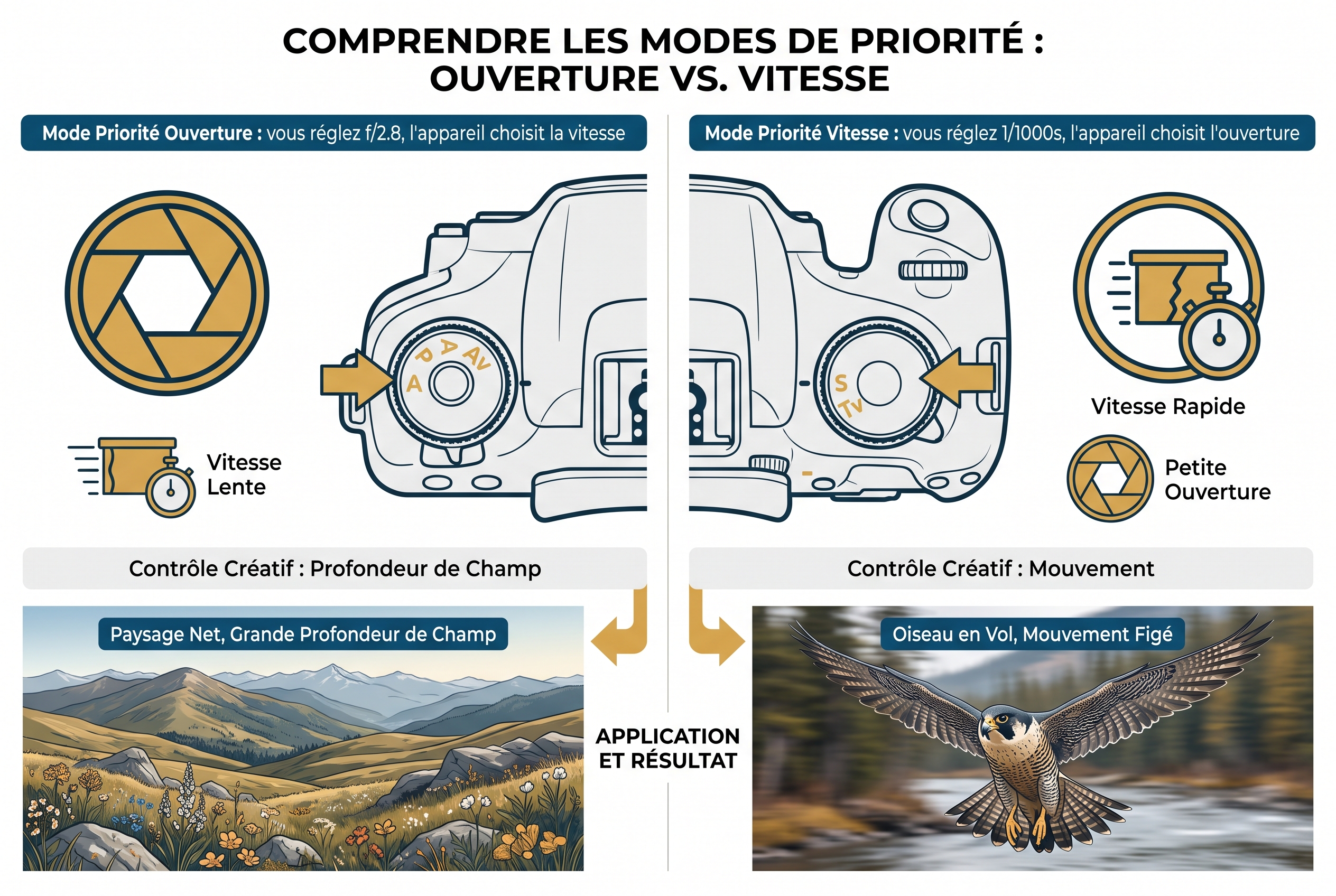Illustration pédagogique comparant le mode priorité ouverture (A/Av) et le mode priorité vitesse (S/Tv) sur un appareil photo, montrant le contrôle du diaphragme et de la vitesse d'obturation.