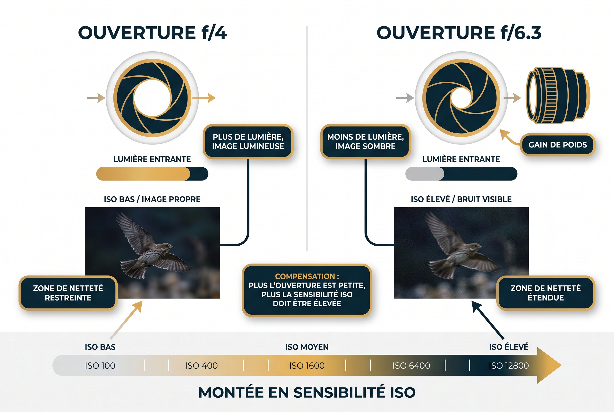 Illustration technique comparant l'ouverture f/6.3 du Sony FE 600mm à une ouverture f/4, expliquant l'équilibre entre montée en ISO, gain de poids et netteté en photographie animalière.