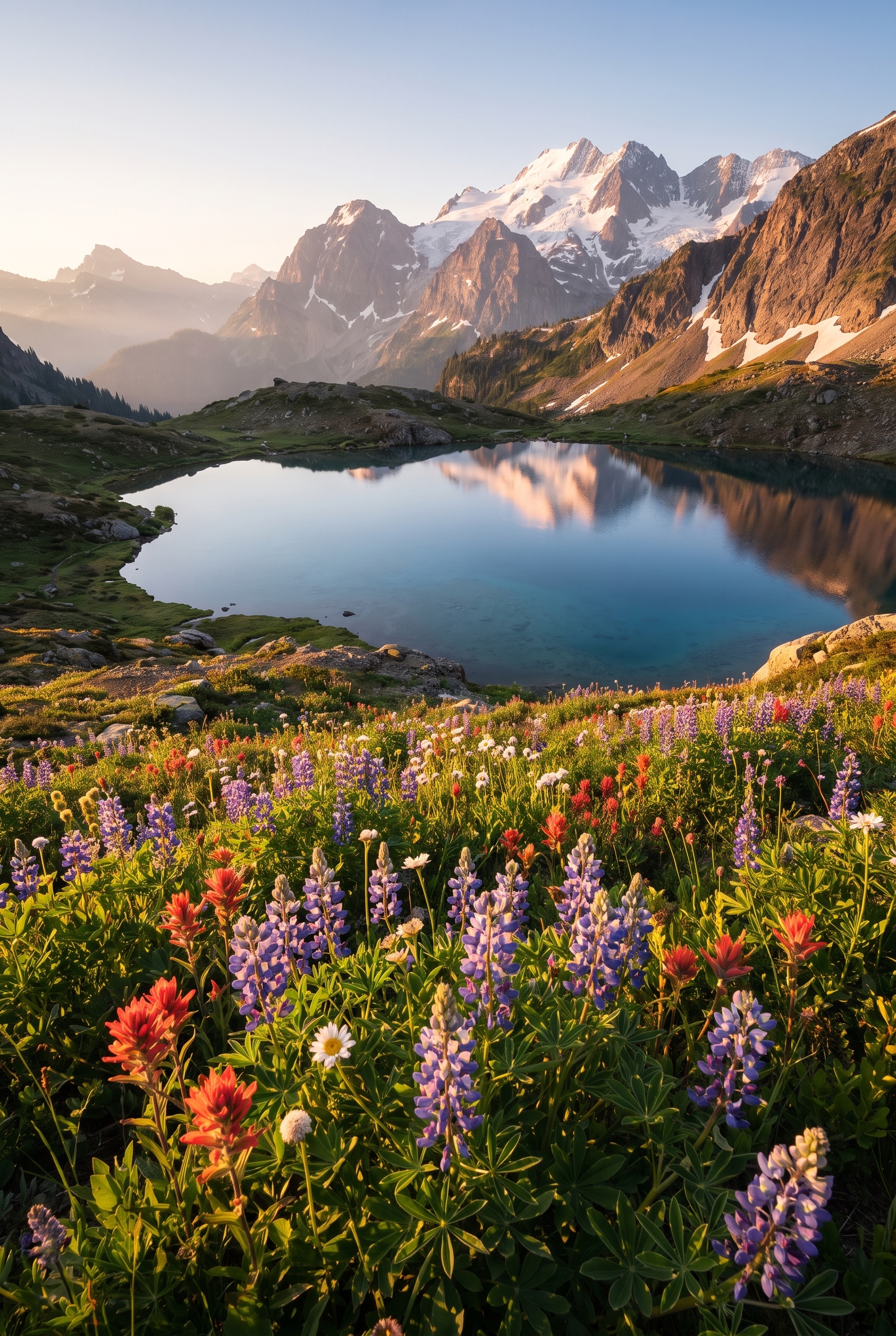Paysage de montagne avec fleurs sauvages et lac alpin, illustrant une grande profondeur de champ obtenue en mode priorité ouverture à f/11.