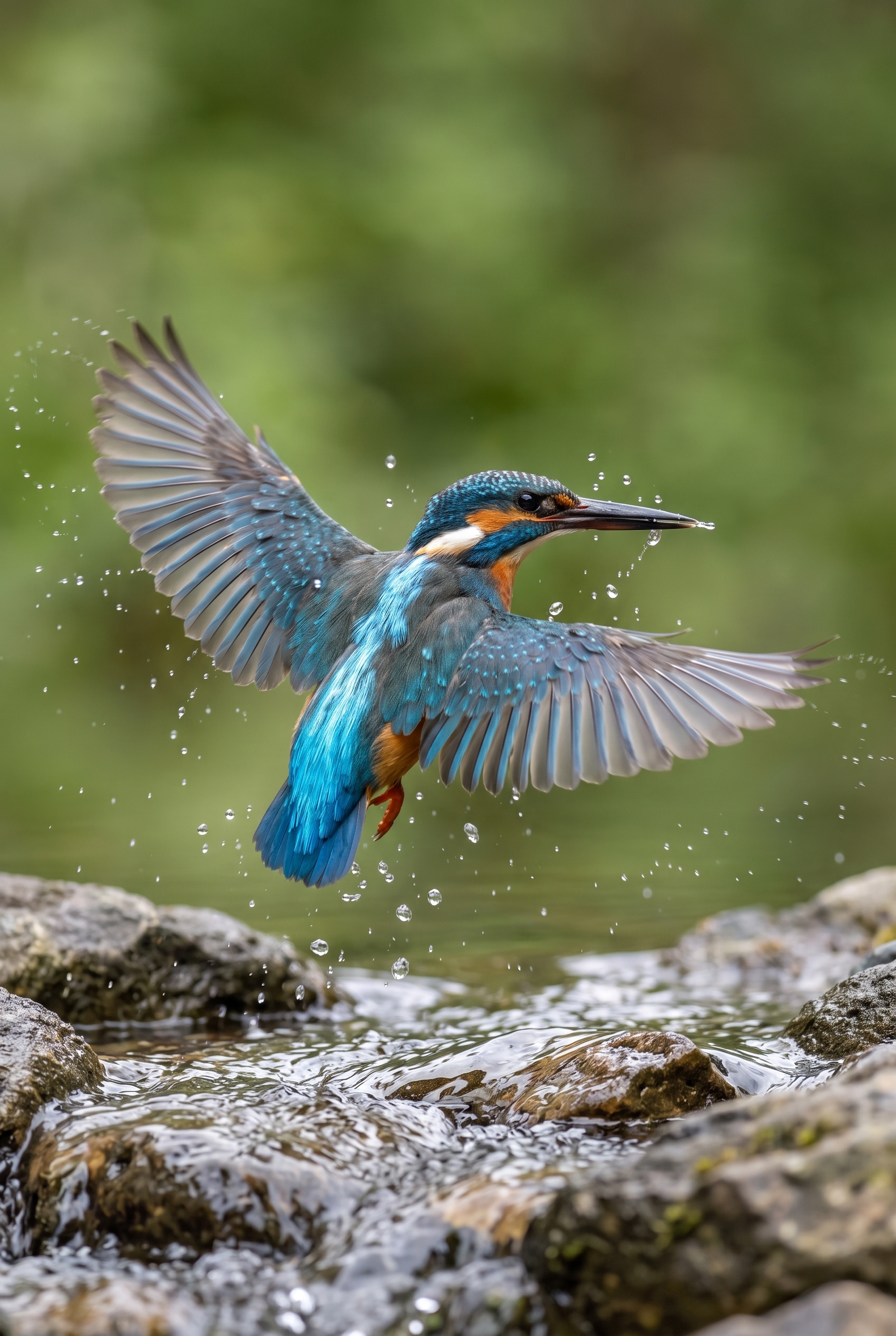 Martin-pêcheur d'Europe en vol stationnaire au-dessus d'un ruisseau, ailes déployées et gouttes d'eau visibles, illustrant les capacités du Nikon Z5 II C en photographie animalière.