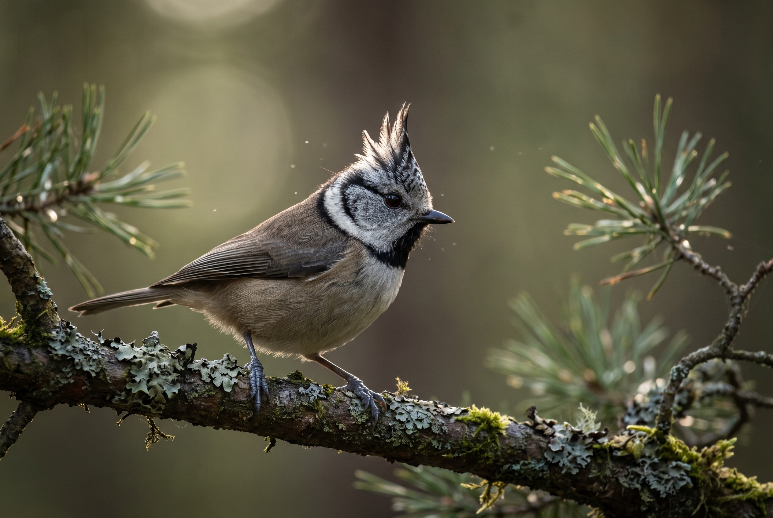 Gros plan net d'une mésange huppée sur une branche de pin, illustrant le piqué du Nikon Z 180-600mm en forêt.