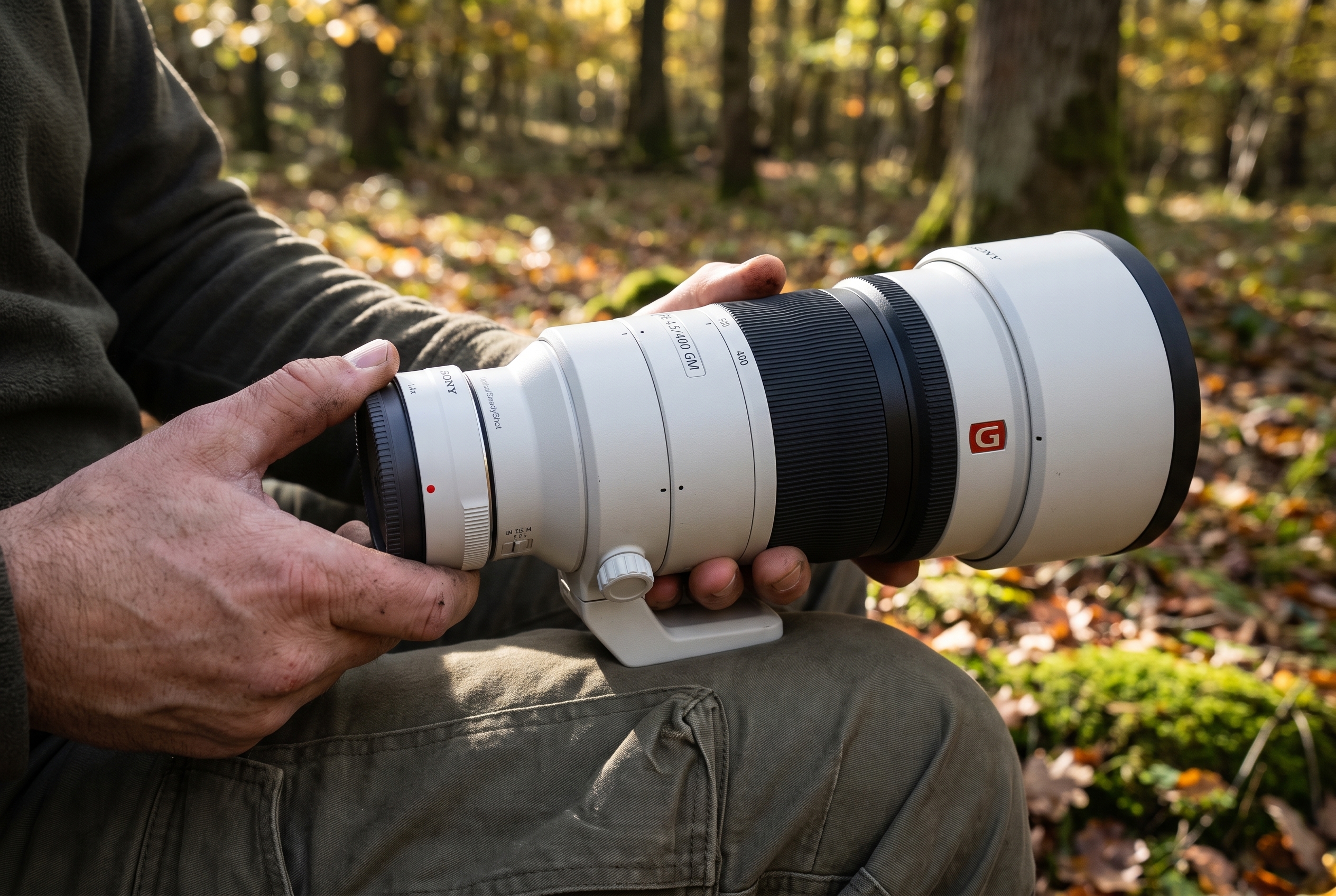 Test Sony FE 400mm f/4.5 GM OSS : avis et retour d'expérience terrain 20 Gros plan des mains d'un photographe montant un téléconvertisseur Sony SEL14TC sur l'objectif blanc Sony FE 400mm f/4.5 GM OSS en forêt.