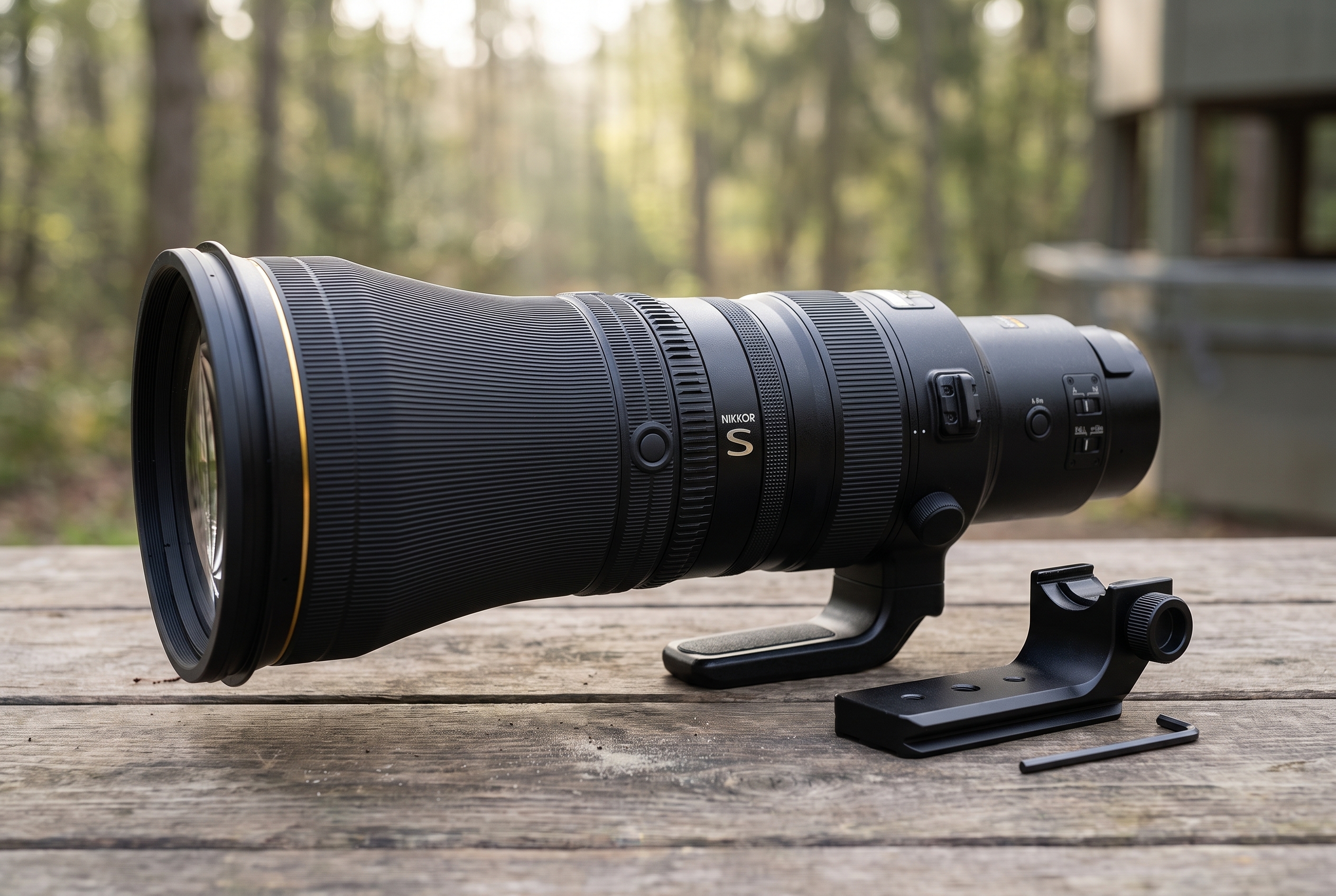 Test Nikon Z 600mm f/4 TC VR S : comparaison entre le pied d'origine lisse et un pied de remplacement Arca-Swiss sur une table d'observatoire.
