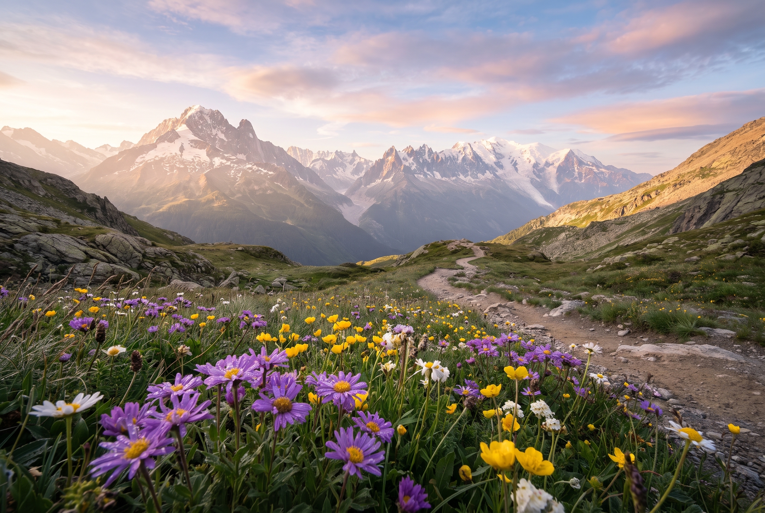 Photographie d'une vallée de montagne au lever du soleil prise en mode priorité ouverture avec une grande profondeur de champ à f/11.