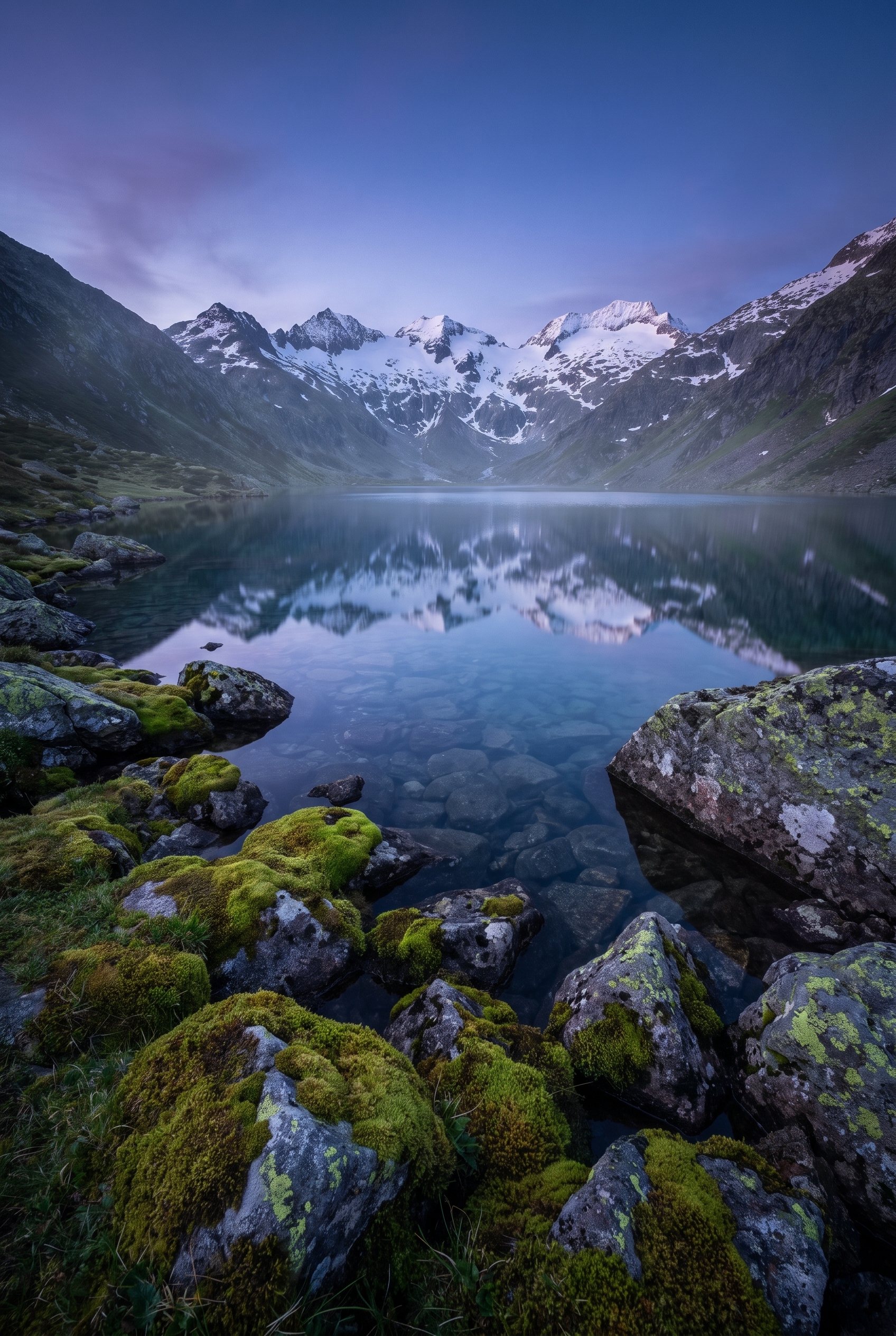 Grand paysage de lac de montagne avec rochers moussus au premier plan et sommets enneigés, illustrant la grande profondeur de champ obtenue avec le mode priorité ouverture à f/11.