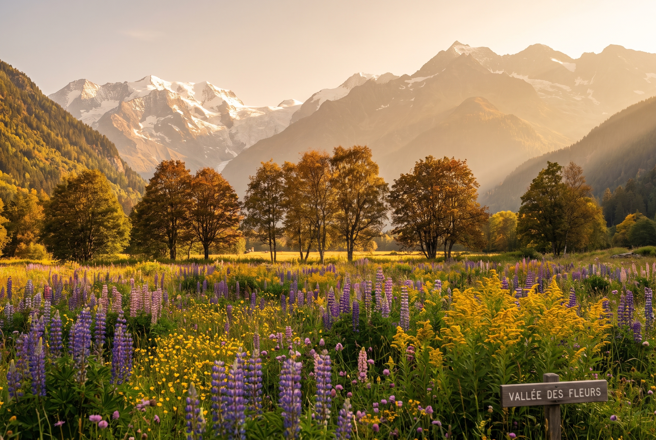 Paysage de montagne avec fleurs sauvages et sommets enneigés, illustrant une grande profondeur de champ obtenue grâce au mode priorité ouverture.