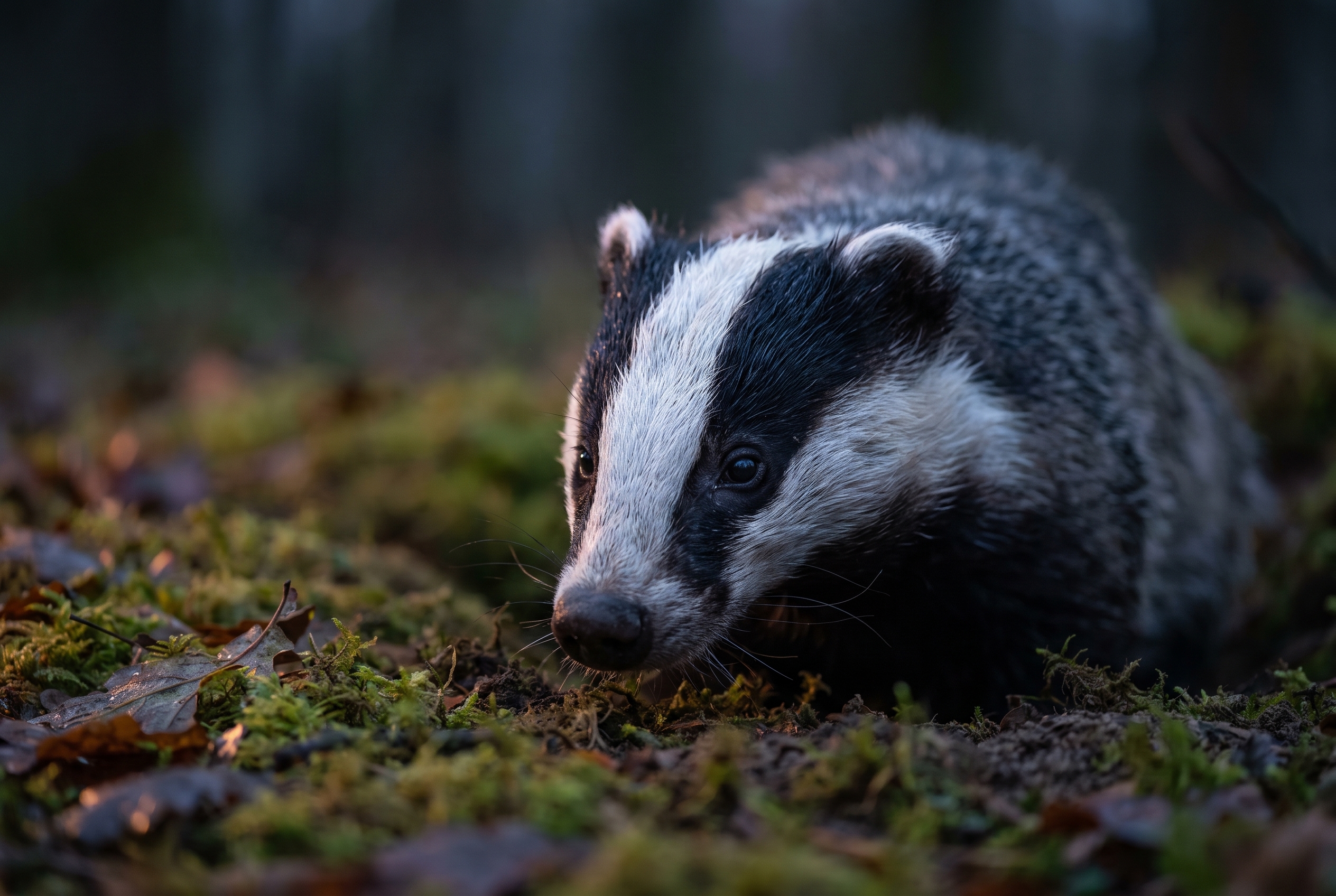 Gros plan détaillé d'un blaireau européen sortant de son terrier en forêt au crépuscule. Image nette illustrant la performance de l'autofocus et la gestion du bruit ISO lors du test du Canon R6.