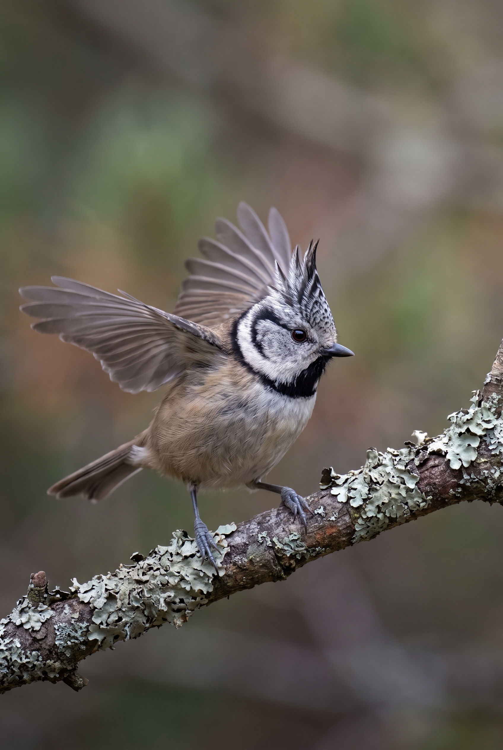 Mésange huppée aux ailes déployées sur une branche de pin, illustrant la précision de l'autofocus lors du test du Canon R5 Mark II en photographie de nature.