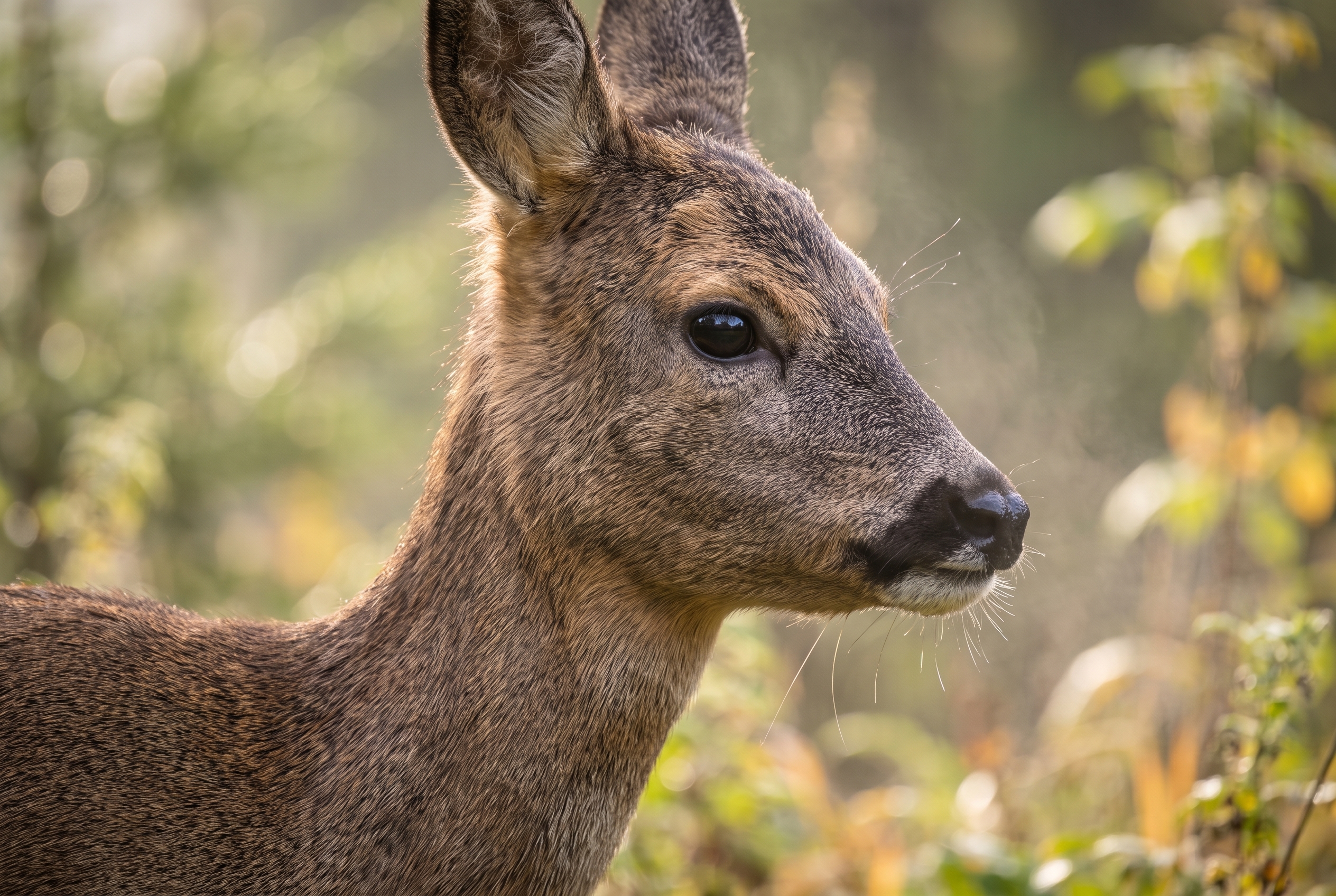 Test Sony FE 400mm f/4.5 GM OSS : avis et retour d'expérience terrain 25 Portrait serré d'une chevrette en lisière de forêt en automne, illustrant le piqué et le bokeh du Sony FE 400mm f/4.5.
