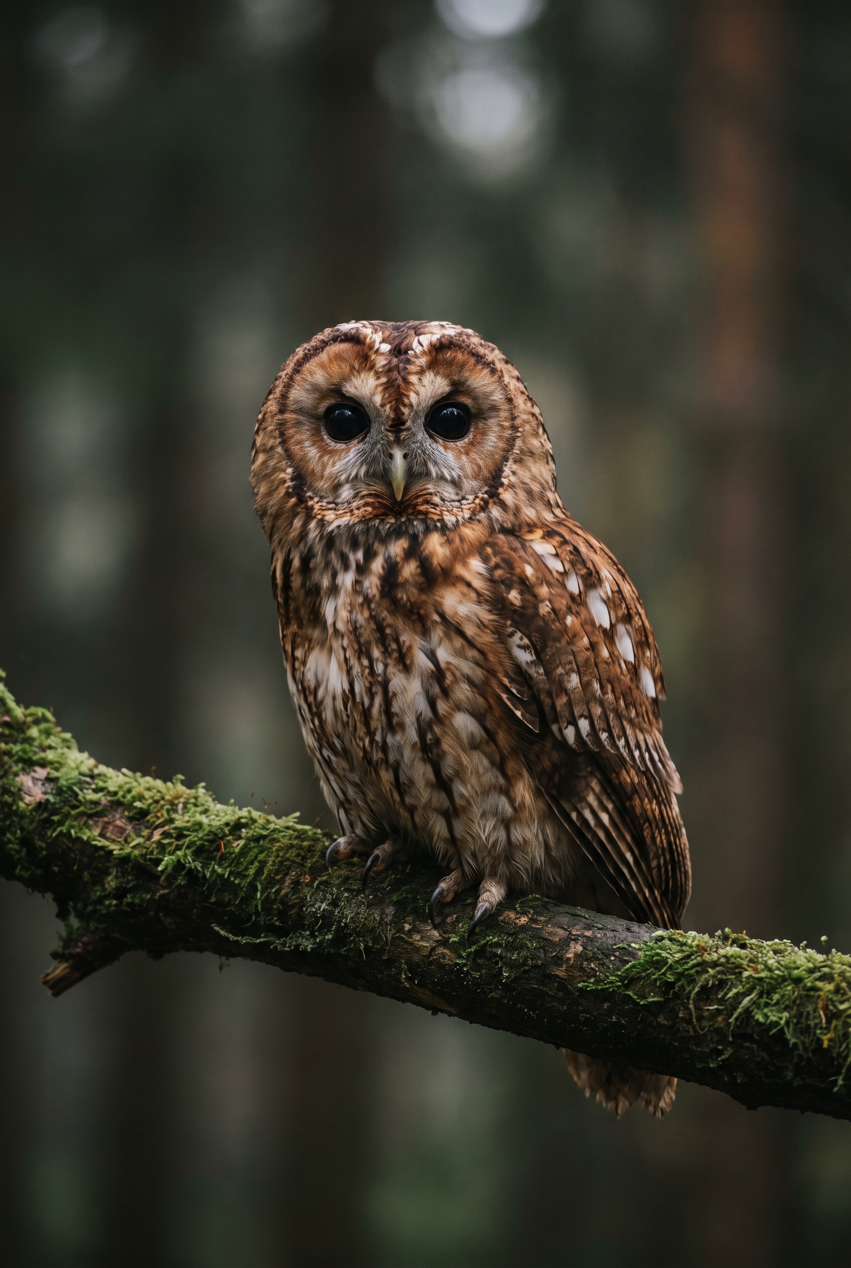 Gros plan détaillé d'une Chouette hulotte sur une branche moussue en forêt brumeuse, illustrant le piqué du Sony FE 600mm f/6.3.