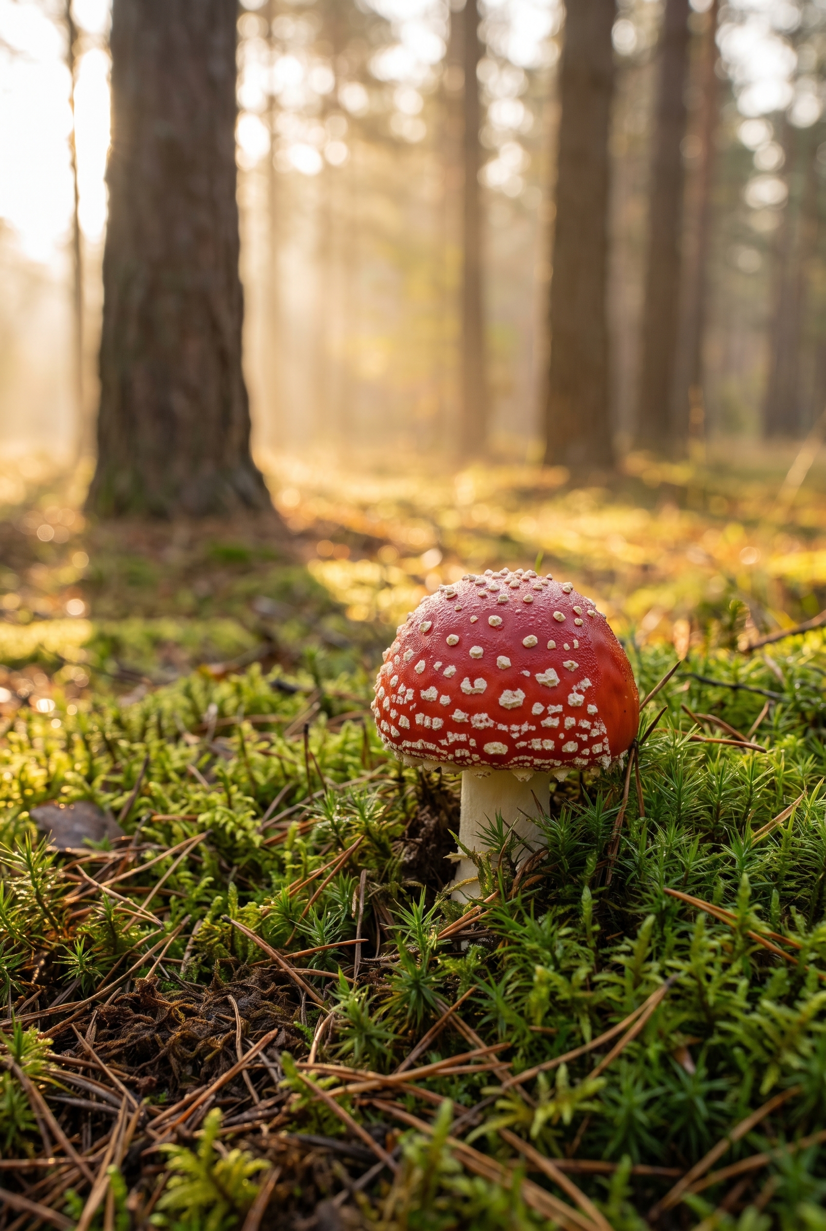 Macro d'une amanite tue-mouches rouge avec rosée matinale en forêt, prise au ras du sol pour le test du Nikon Z5 II C.