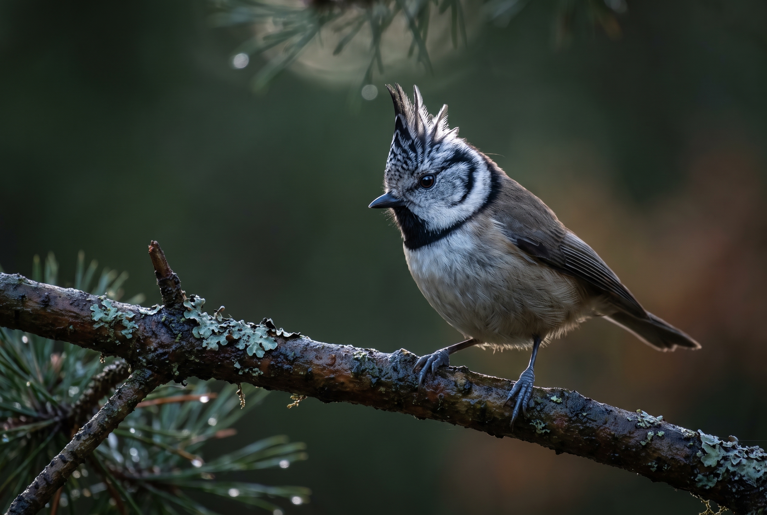 Test Canon R8 : le meilleur hybride entrée de gamme 22 Gros plan d'une mésange huppée sur une branche de pin montrant la précision du piqué d'image lors du test du Canon R8 en photographie animalière.