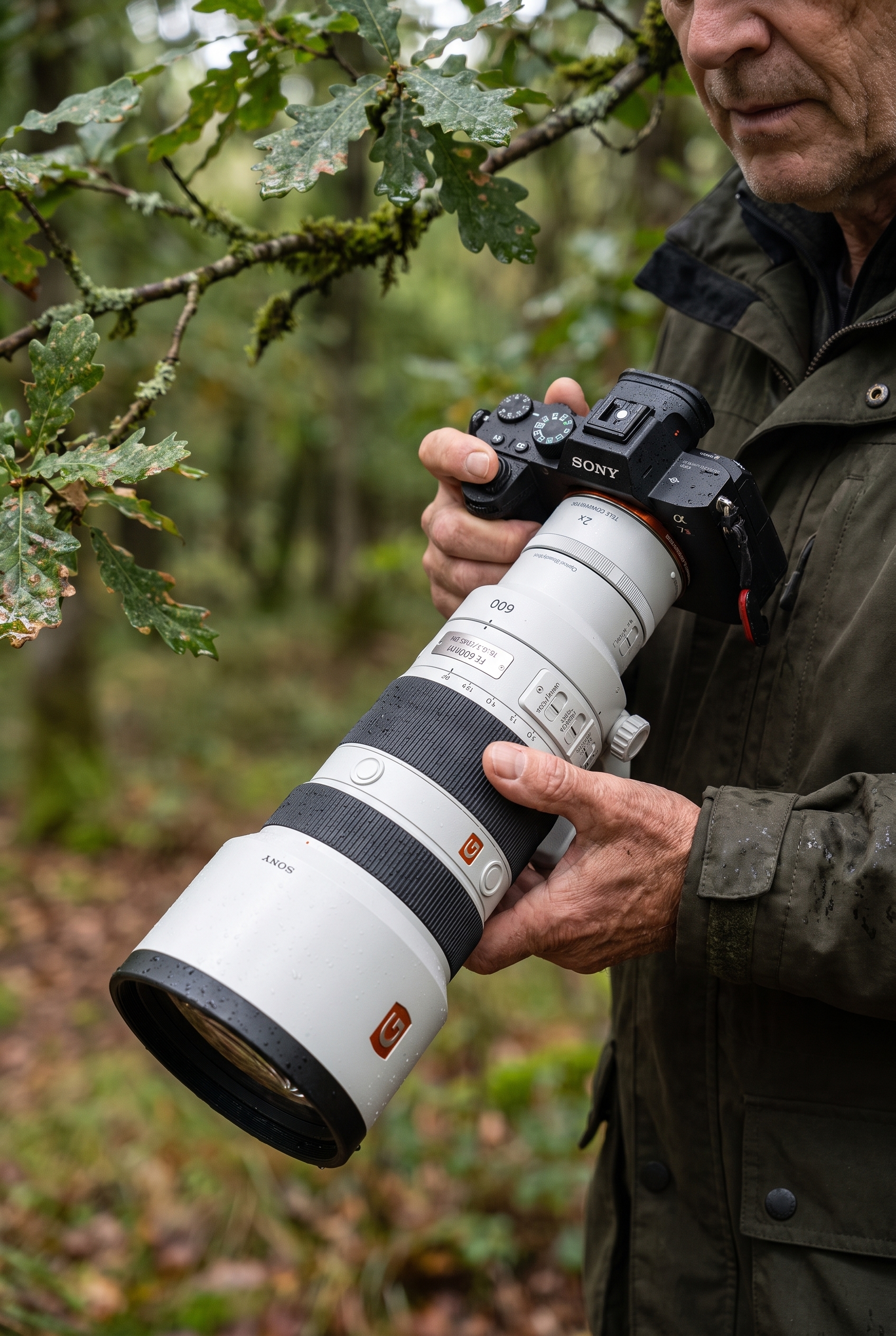 Photographe animalier tenant le téléobjectif Sony FE 600mm f/6.3 à main levée en forêt pour tester sa légèreté et son ergonomie.